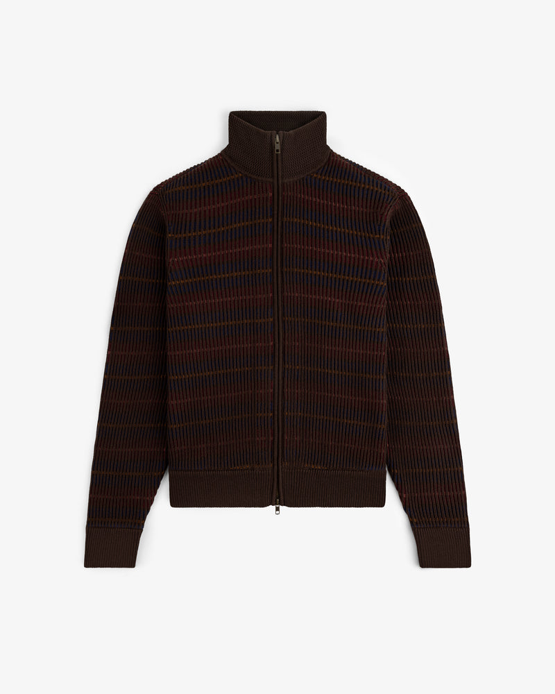 Multi Color Knit Track Sweater with zip-up front, high collar, long sleeves, and a blue-red grid pattern.