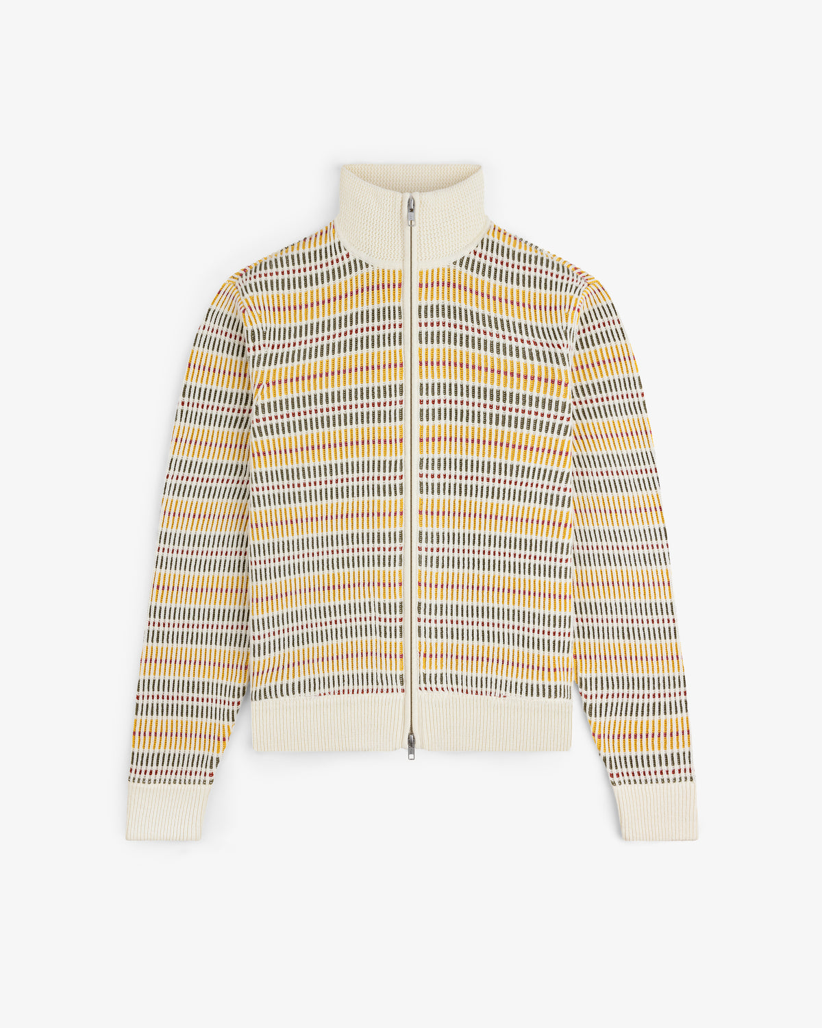 The Multi Color Knit Track Sweater features a zip-up design, high collar, and multicolored stripes on a cream base.