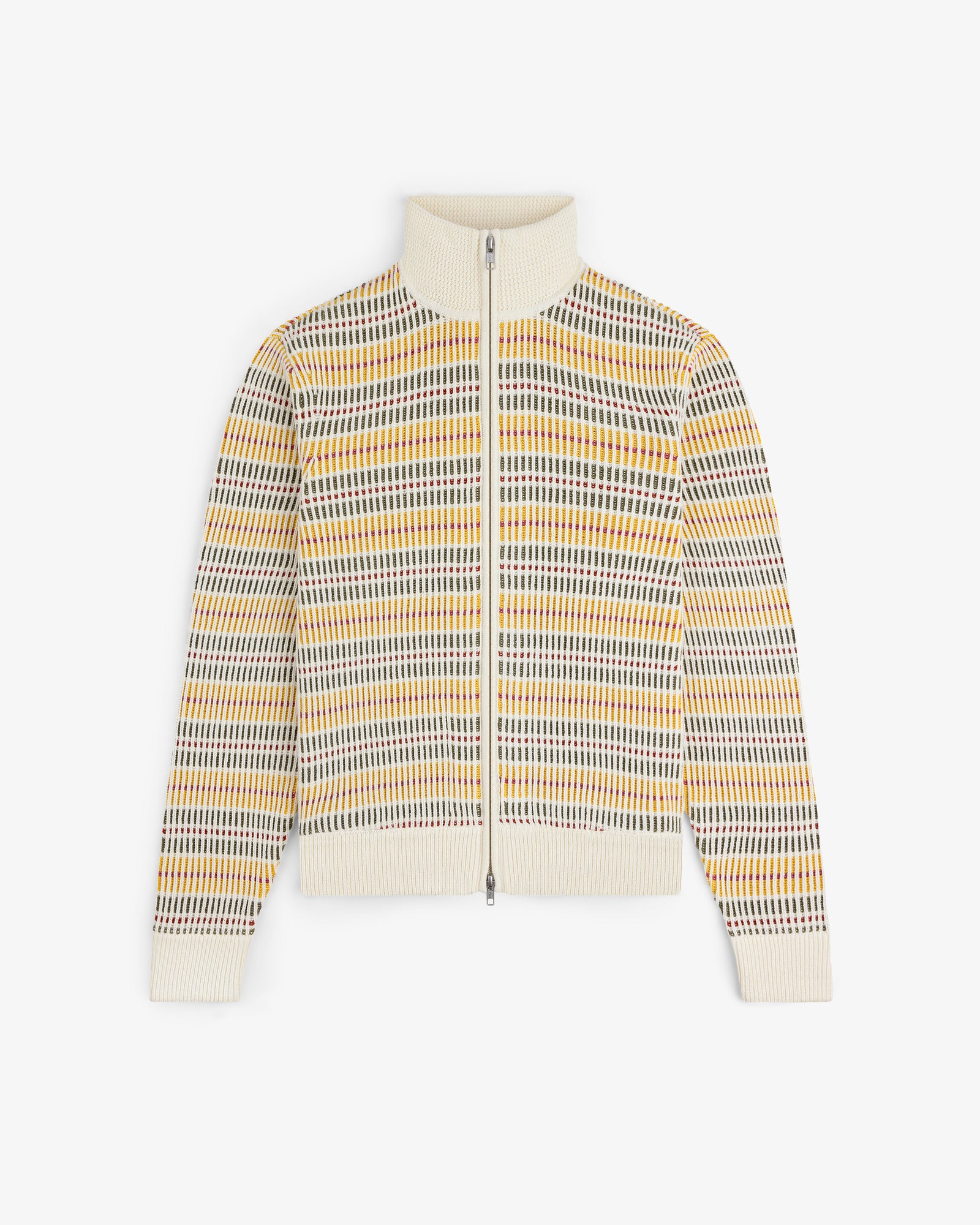 The Multi Color Knit Track Sweater features a zip-up design, high collar, and multicolored stripes on a cream base.