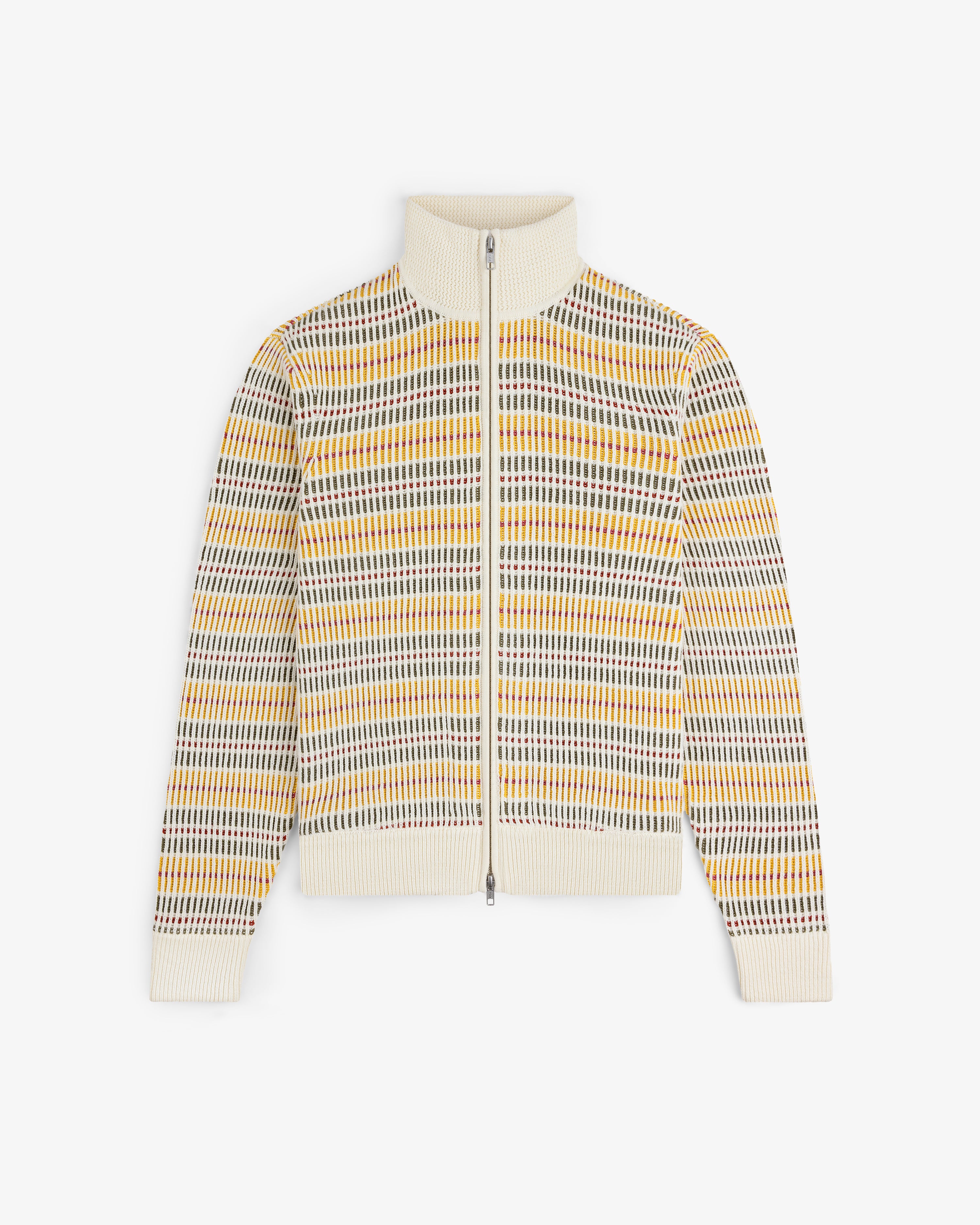 The Multi Color Knit Track Sweater features a zip-up design, high collar, and multicolored stripes on a cream base.