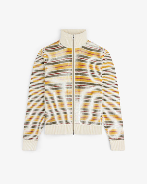 The Multi Color Knit Track Sweater features a zip-up design, high collar, and multicolored stripes on a cream base.