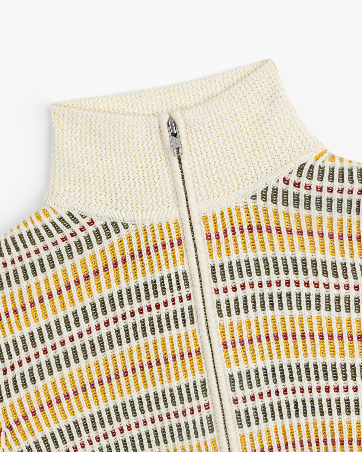 Close-up of the Multi Color Knit Track Sweater featuring a cream zip-up and textured yellow, red, green, and white stripes.