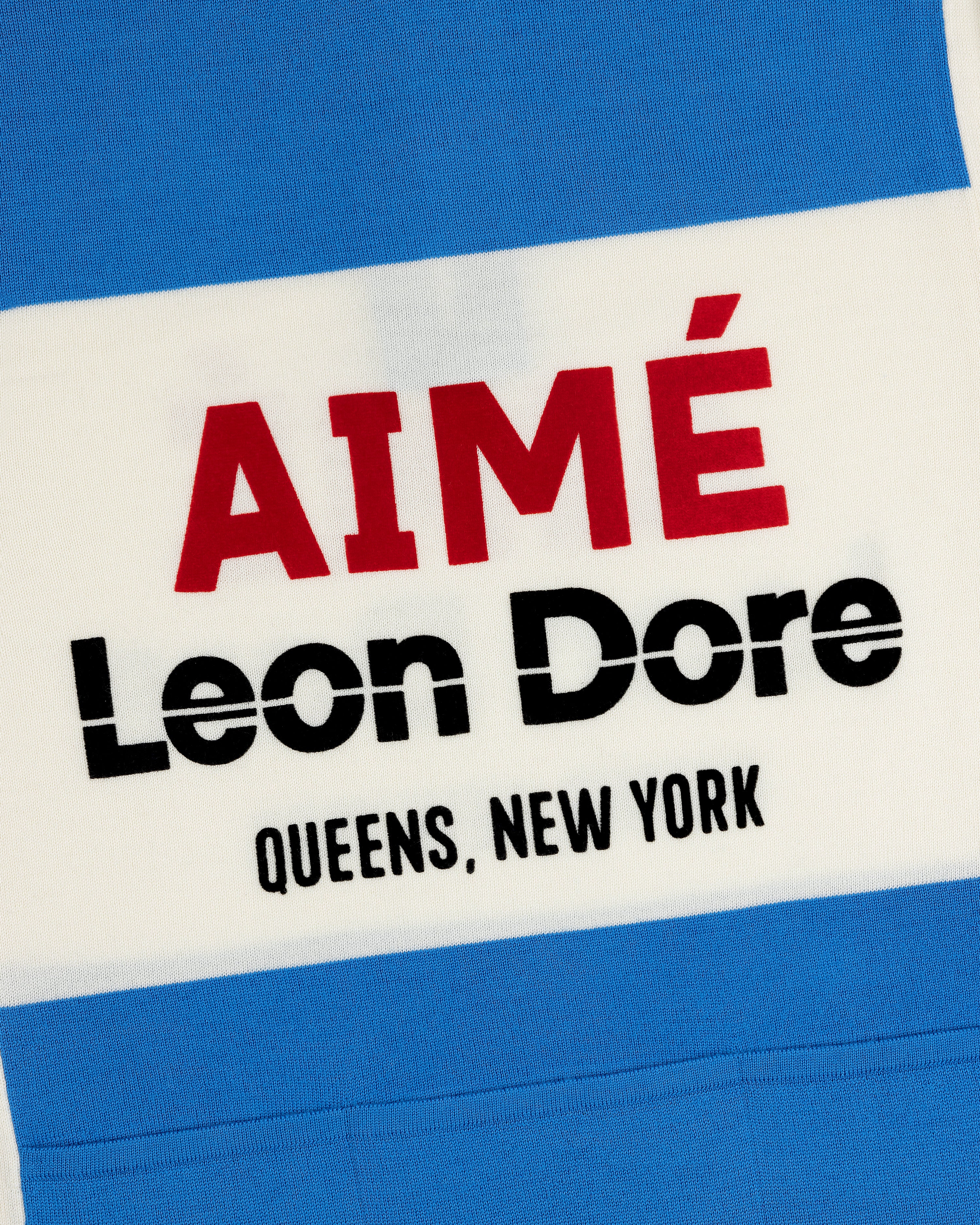 Blue and white Merino Wool Cycling Jersey with AIMÉ Leon Dore QUEENS, NEW YORK print.