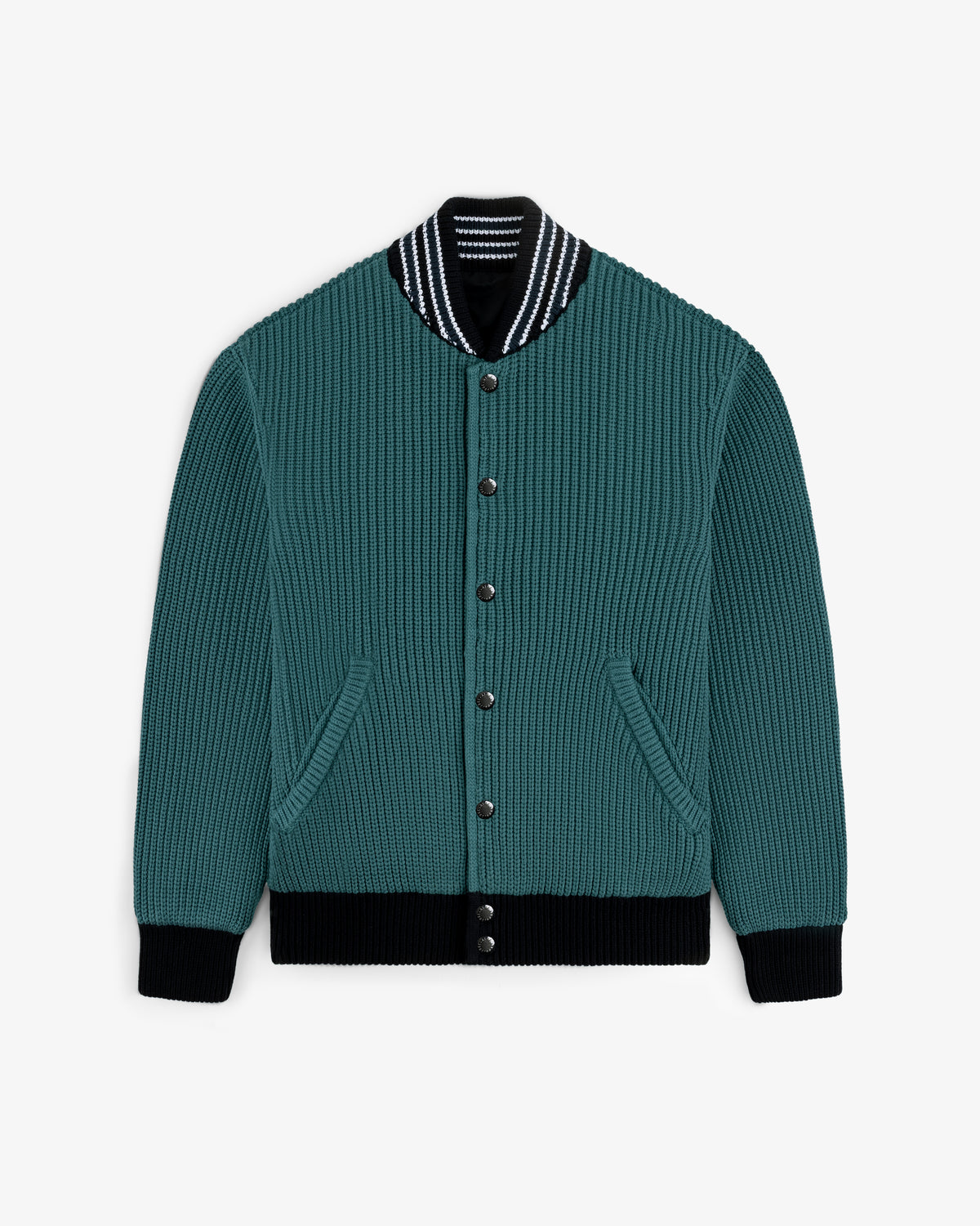 Reversible Knit Bomber Jacket in teal ribbed knit with striped collar, black cuffs, and button-up front.