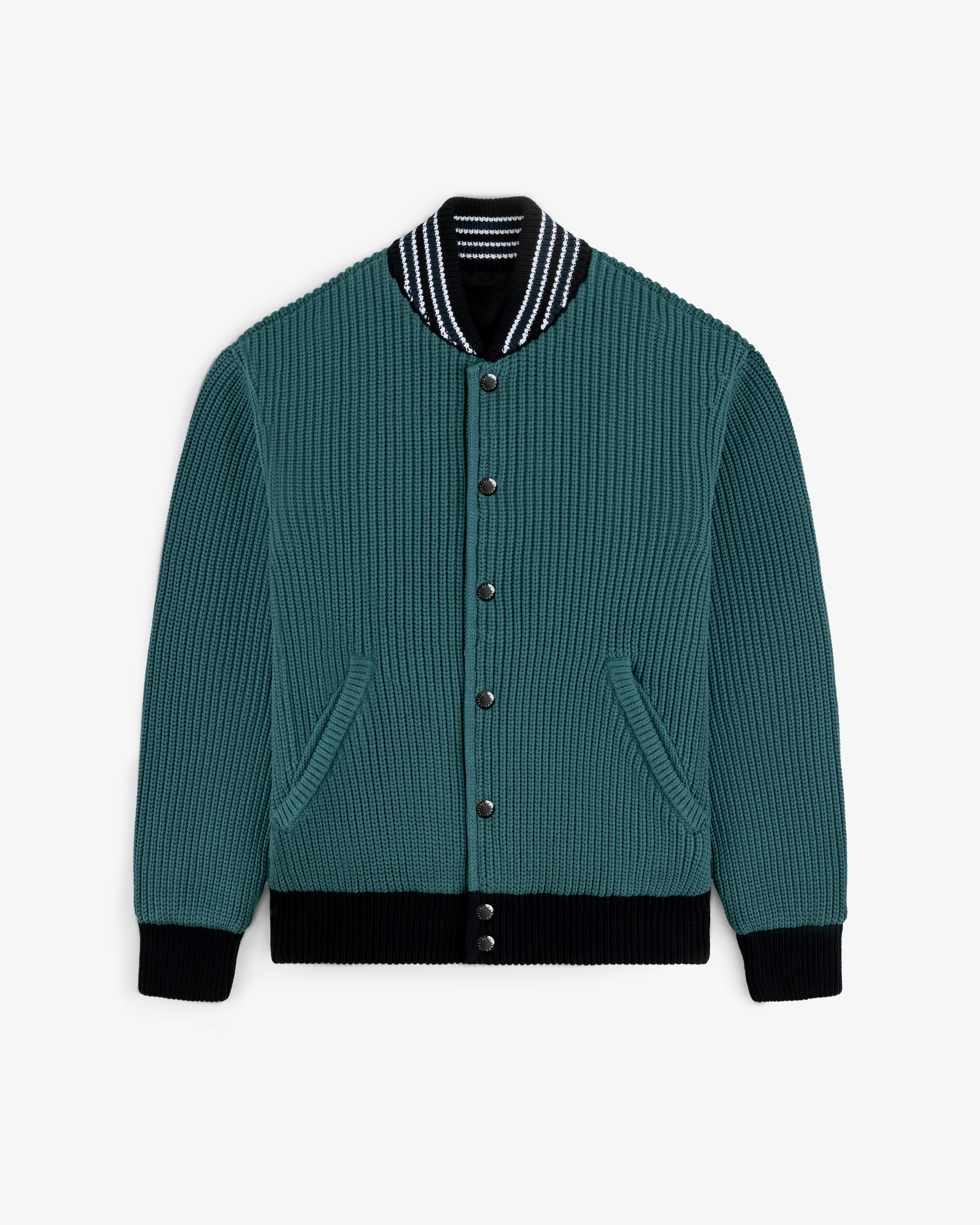 Reversible Knit Bomber Jacket in teal ribbed knit with striped collar, black cuffs, and button-up front.