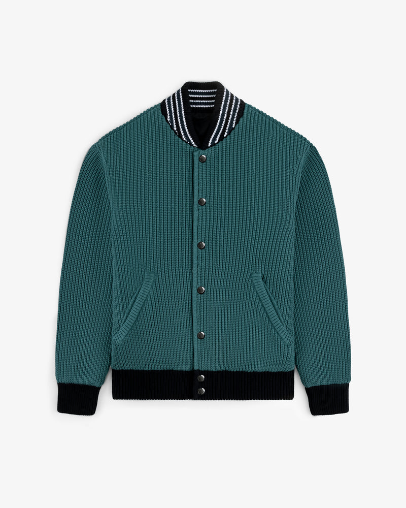 Reversible Knit Bomber Jacket in teal ribbed knit with striped collar, black cuffs, and button-up front.