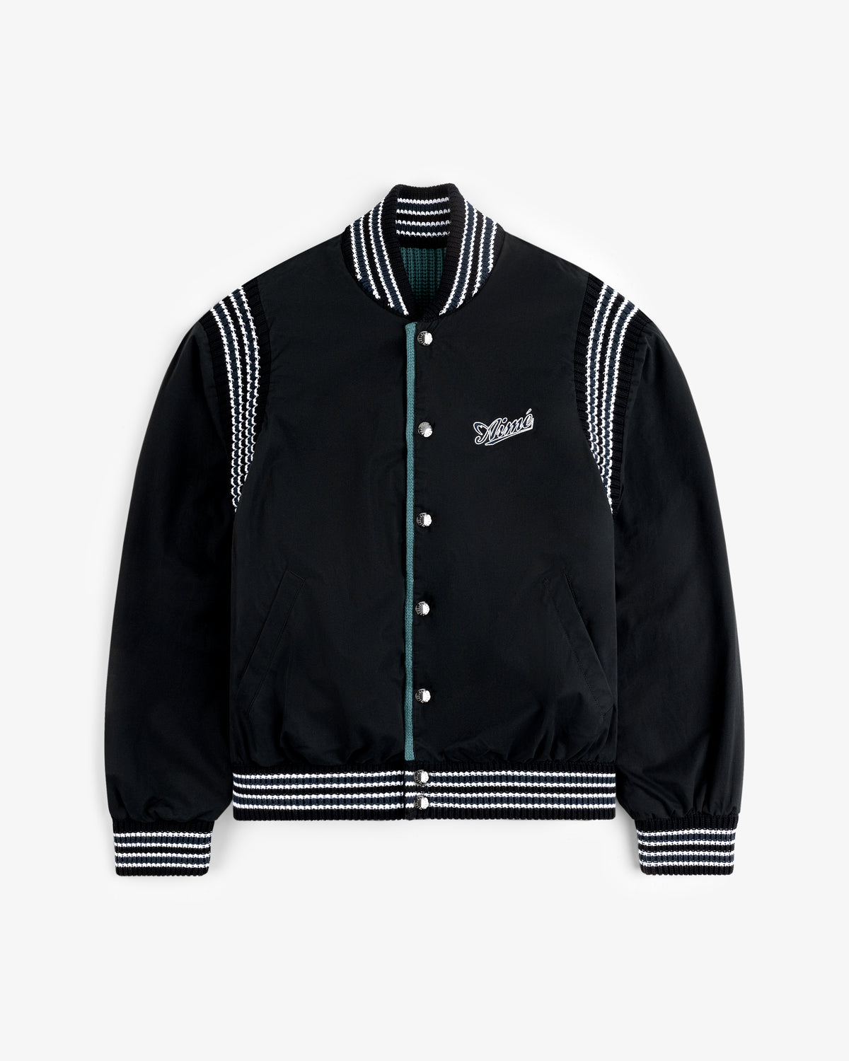 Reversible Knit Bomber Jacket in black with white stripes on collar, cuffs, shoulders & hem, plus Deluxe chest patch.