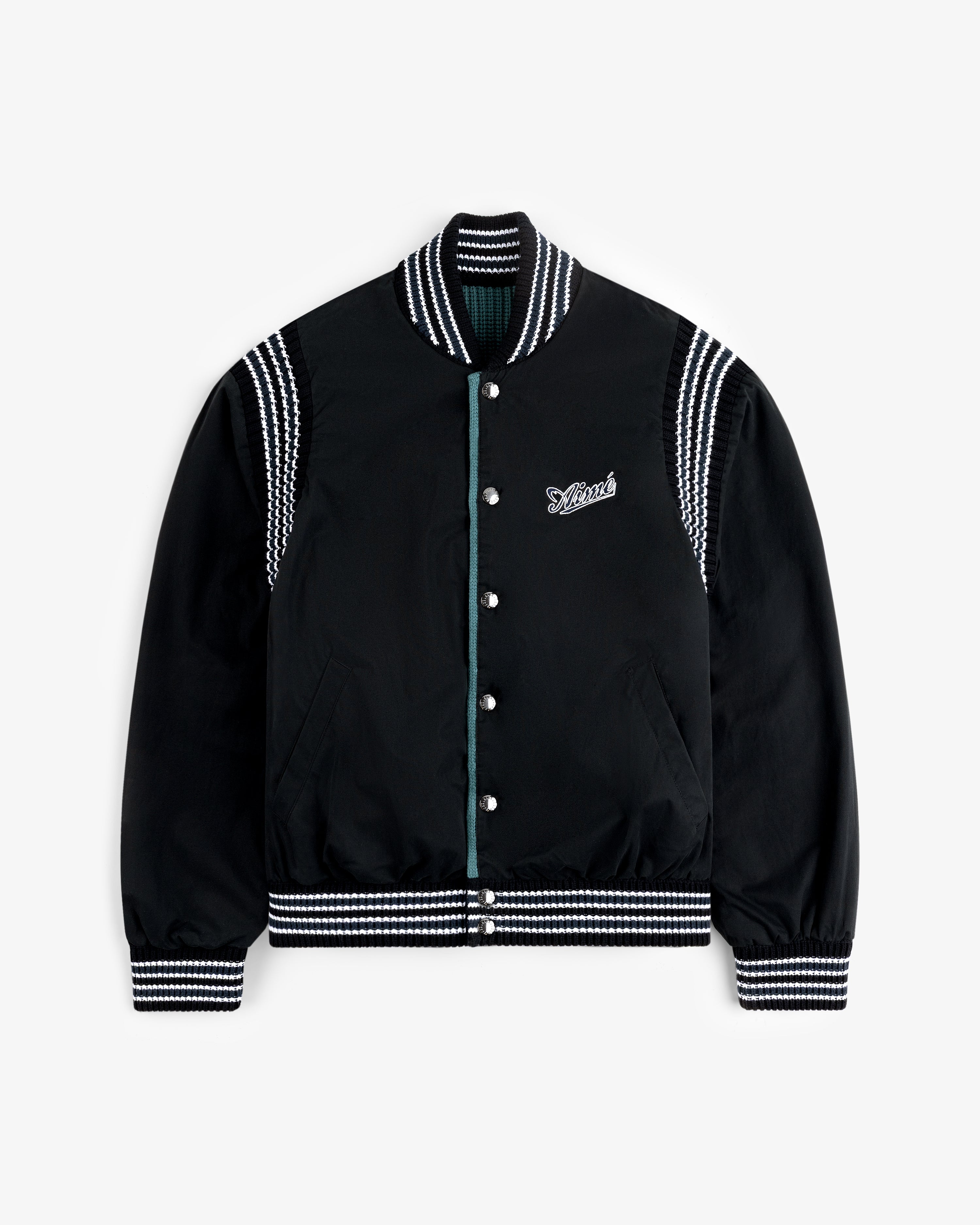 Reversible Knit Bomber Jacket in black with white stripes on collar, cuffs, shoulders & hem, plus Deluxe chest patch.