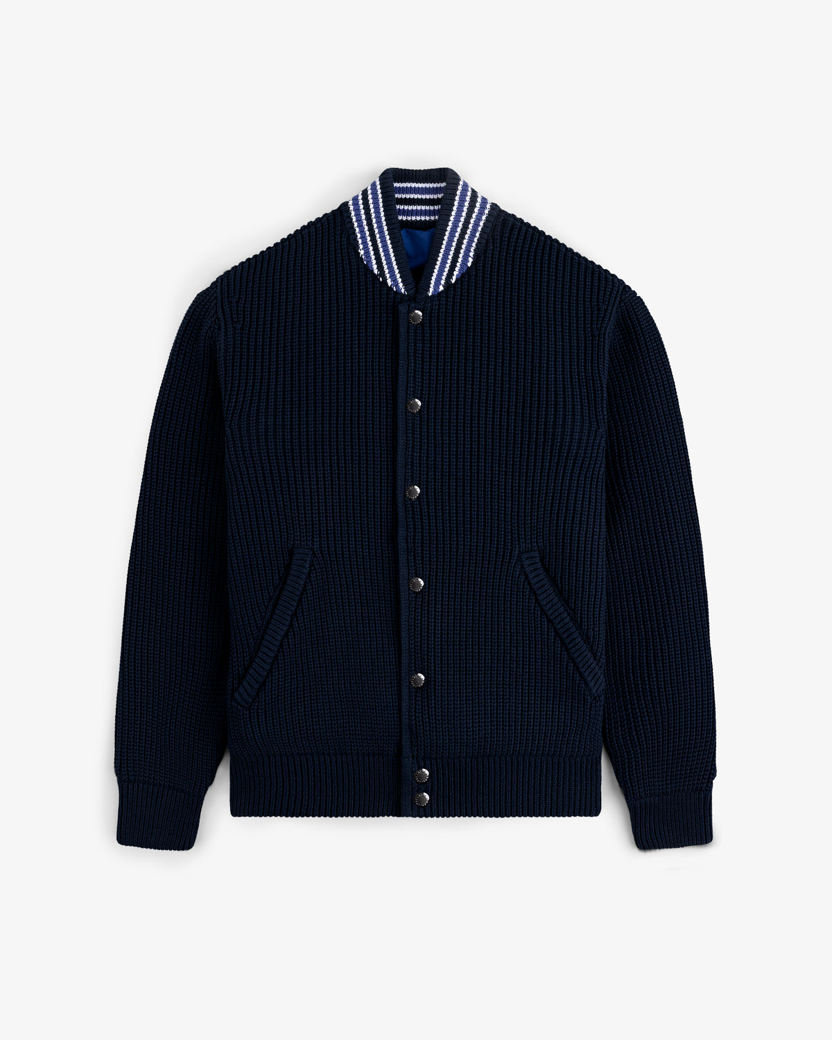 Reversible Knit Bomber Jacket in navy blue with striped collar, button front, and two slanted pockets, laid flat.