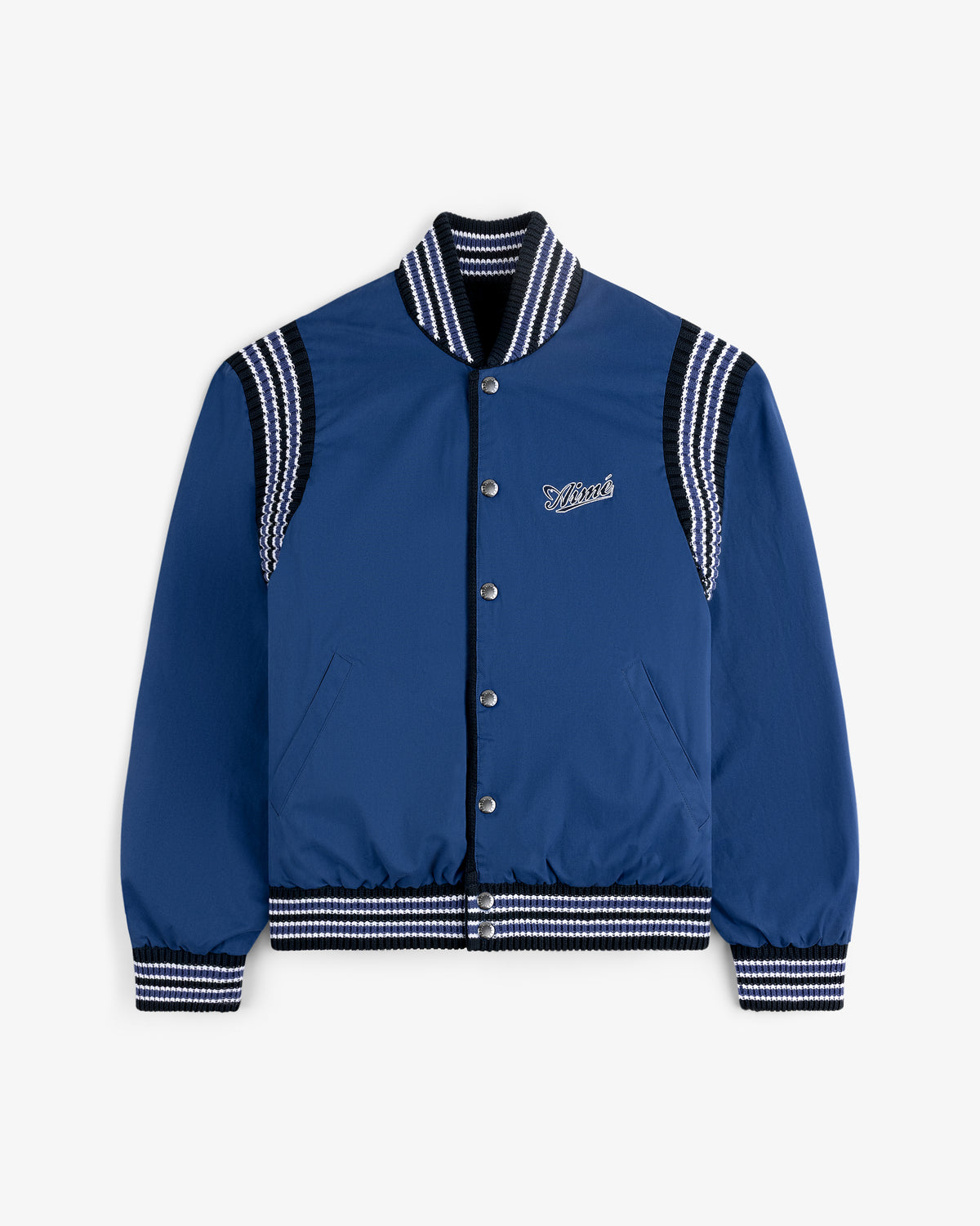 Reversible Knit Bomber Jacket in blue with black and white striped trim and "Saint" embroidered on the chest.