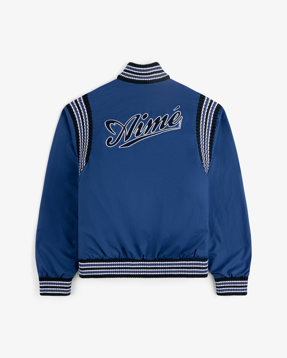 Reversible Knit Bomber Jacket with blue finish, black & white striped trim, and Aimé script embroidery on the back.