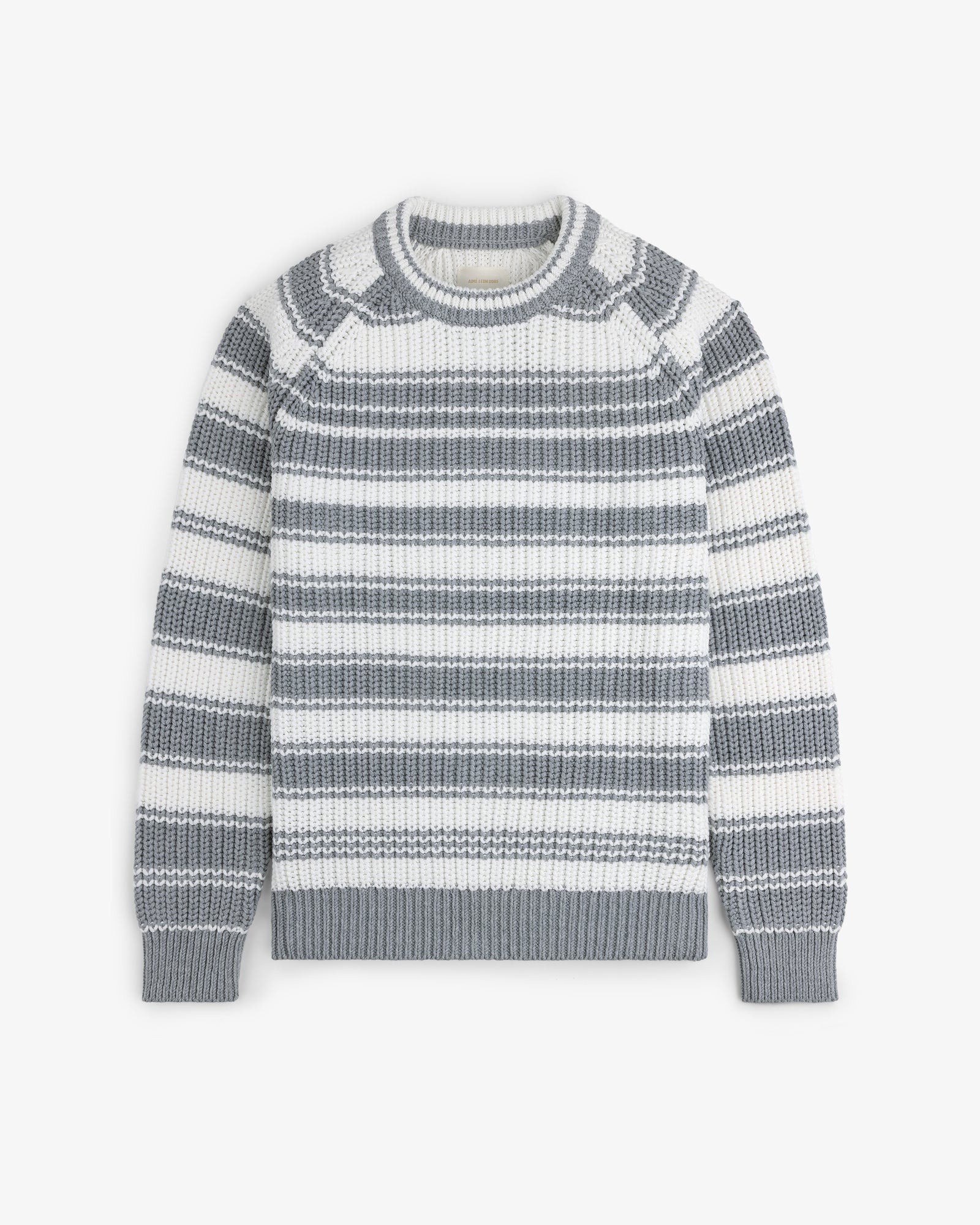 Striped Crewneck Sweater in gray and white with long sleeves, ribbed cuffs, hem, and neckline on a white background.