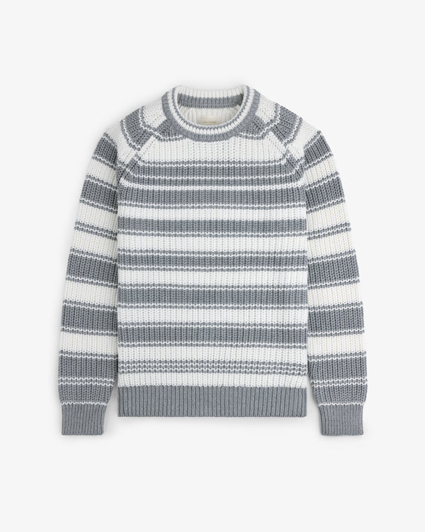 Striped Crewneck Sweater in gray and white with long sleeves, ribbed cuffs, hem, and neckline on a white background.