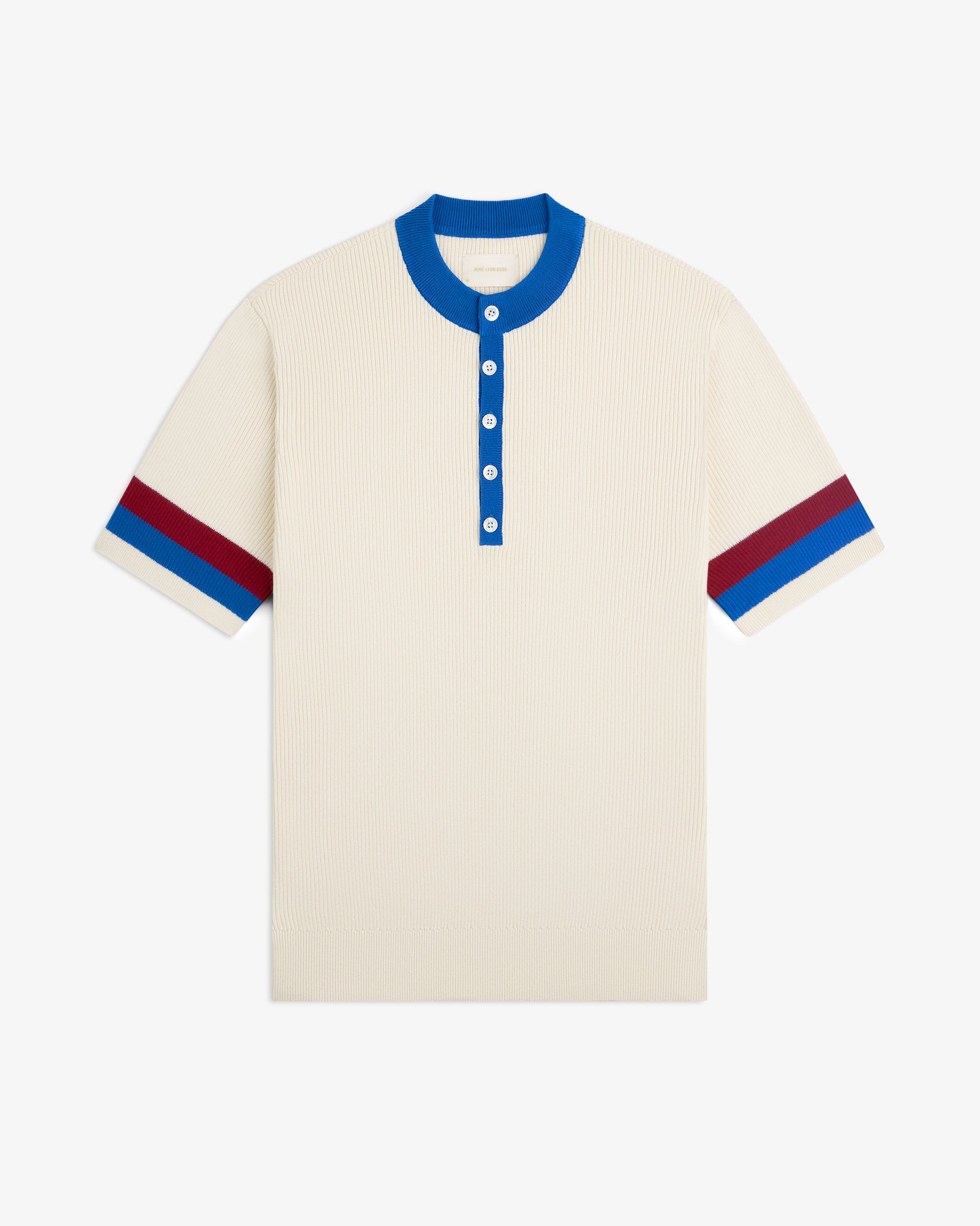 Sport Knit Henley: Cream short-sleeve knit shirt with blue collar, placket, and red/blue sleeve stripes.