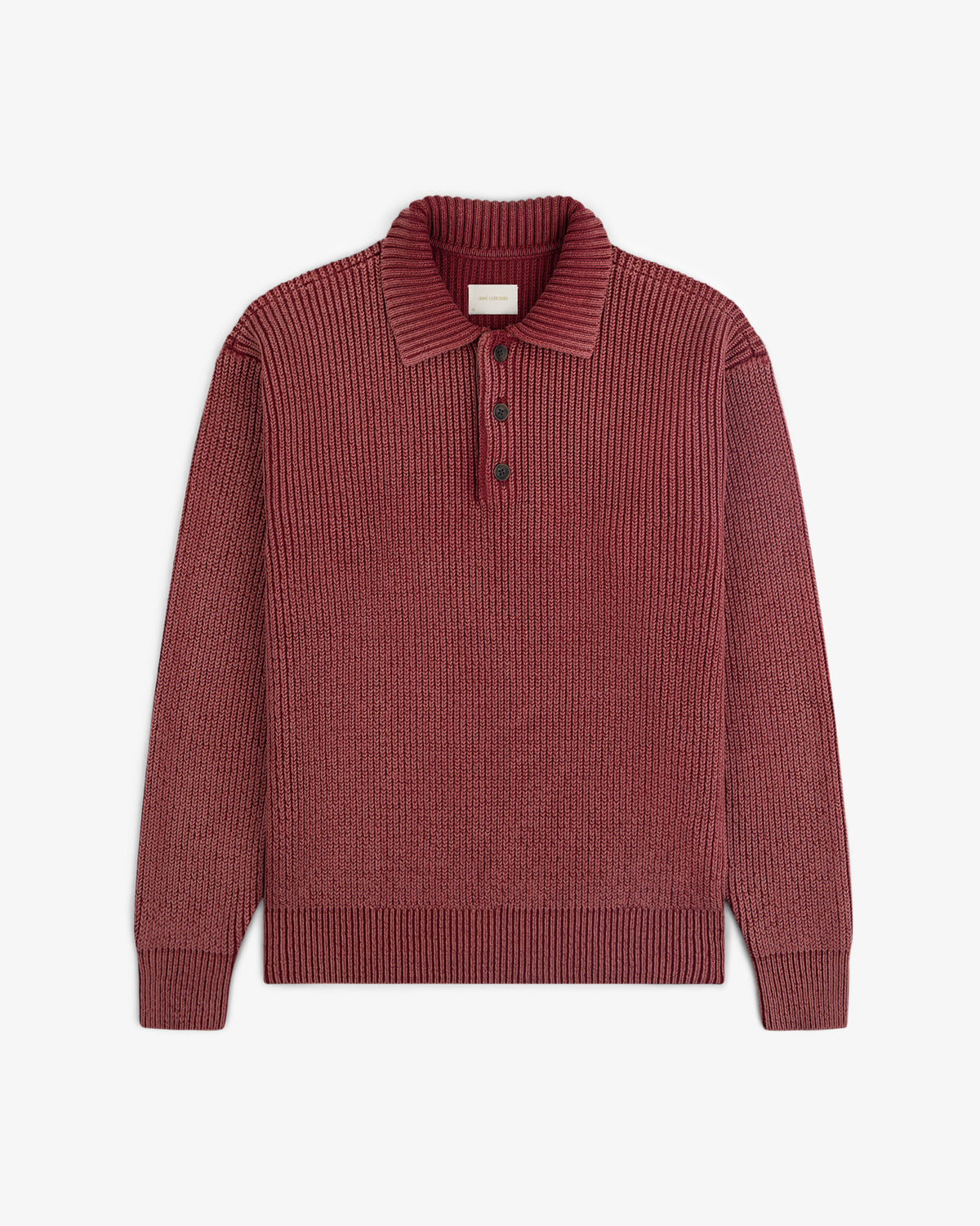 Stone Washed Knit Polo—ribbed long-sleeve burgundy sweater with collar and three buttons, shown on a white background.