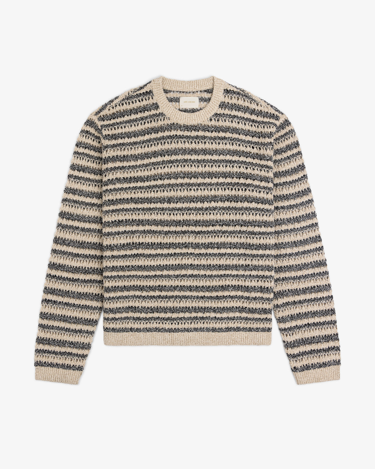 Bouclé Open Knit Crewneck Sweater in beige and navy stripes with long sleeves and a textured pattern.