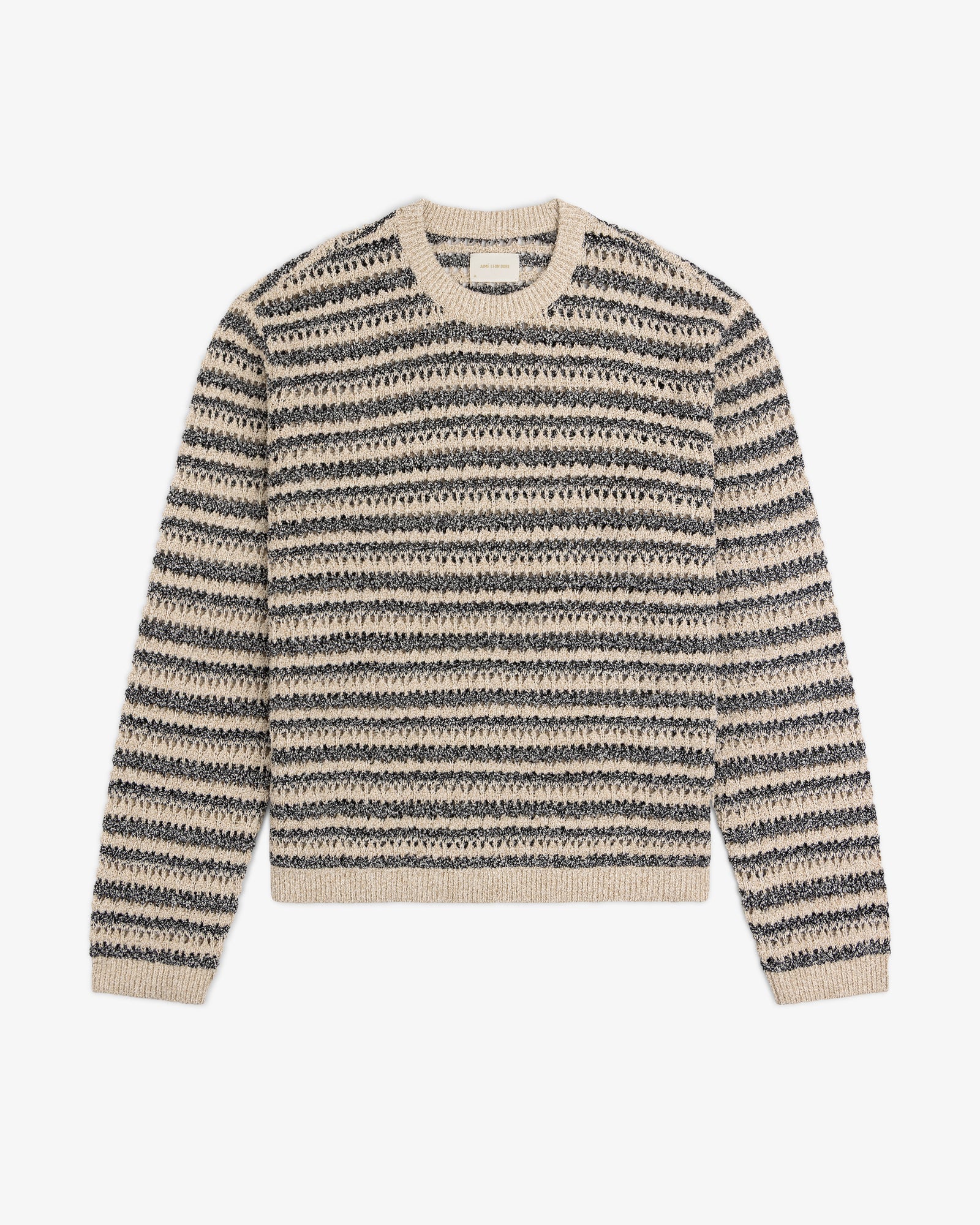 Bouclé Open Knit Crewneck Sweater in beige and navy stripes with long sleeves and a textured pattern.