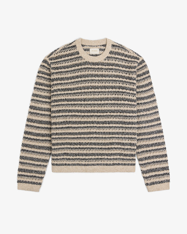 Bouclé Open Knit Crewneck Sweater in beige and navy stripes with long sleeves and a textured pattern.