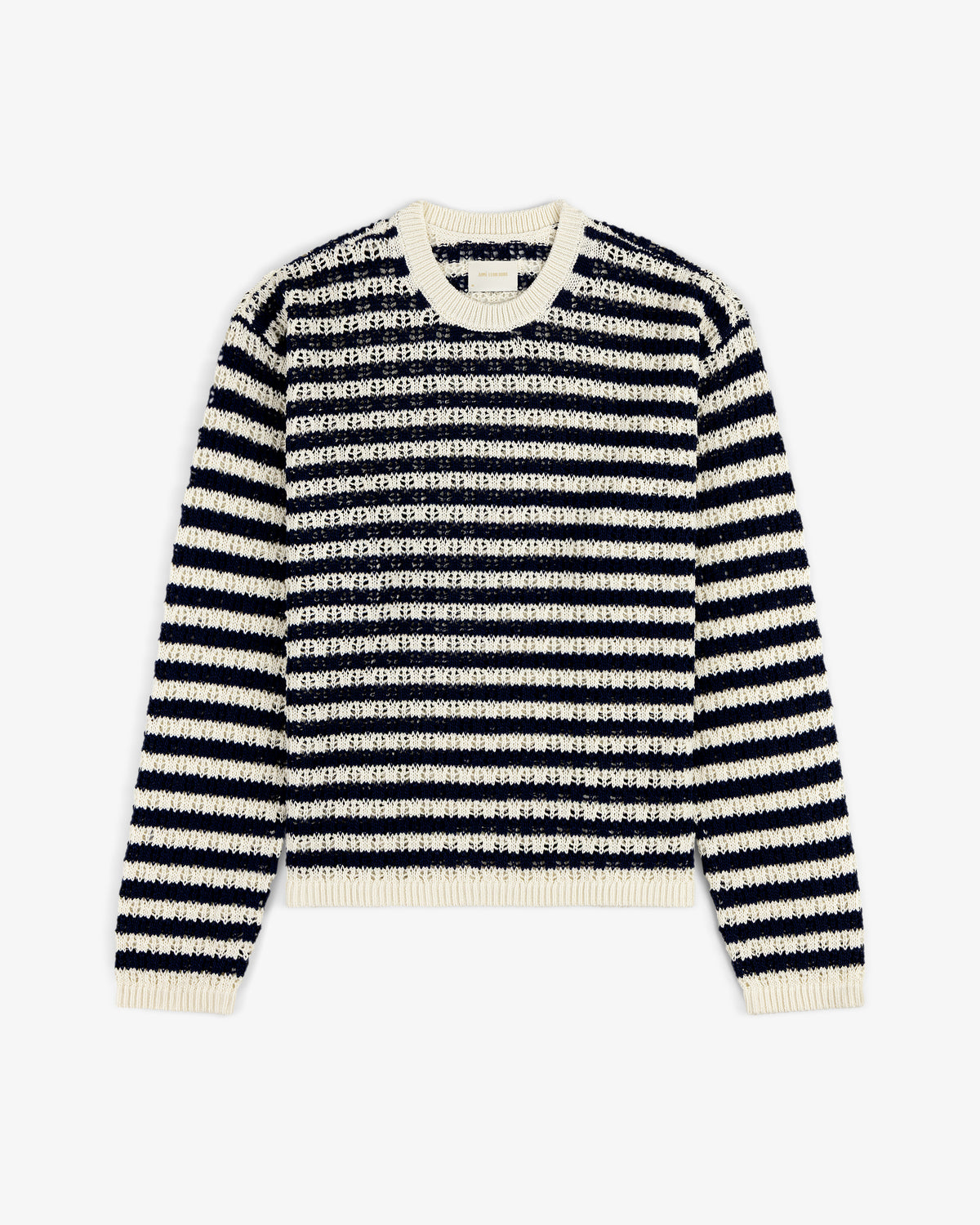 The Skáfos Sweater features long sleeves, black and white stripes, and a cream collar, cuffs, and hem.