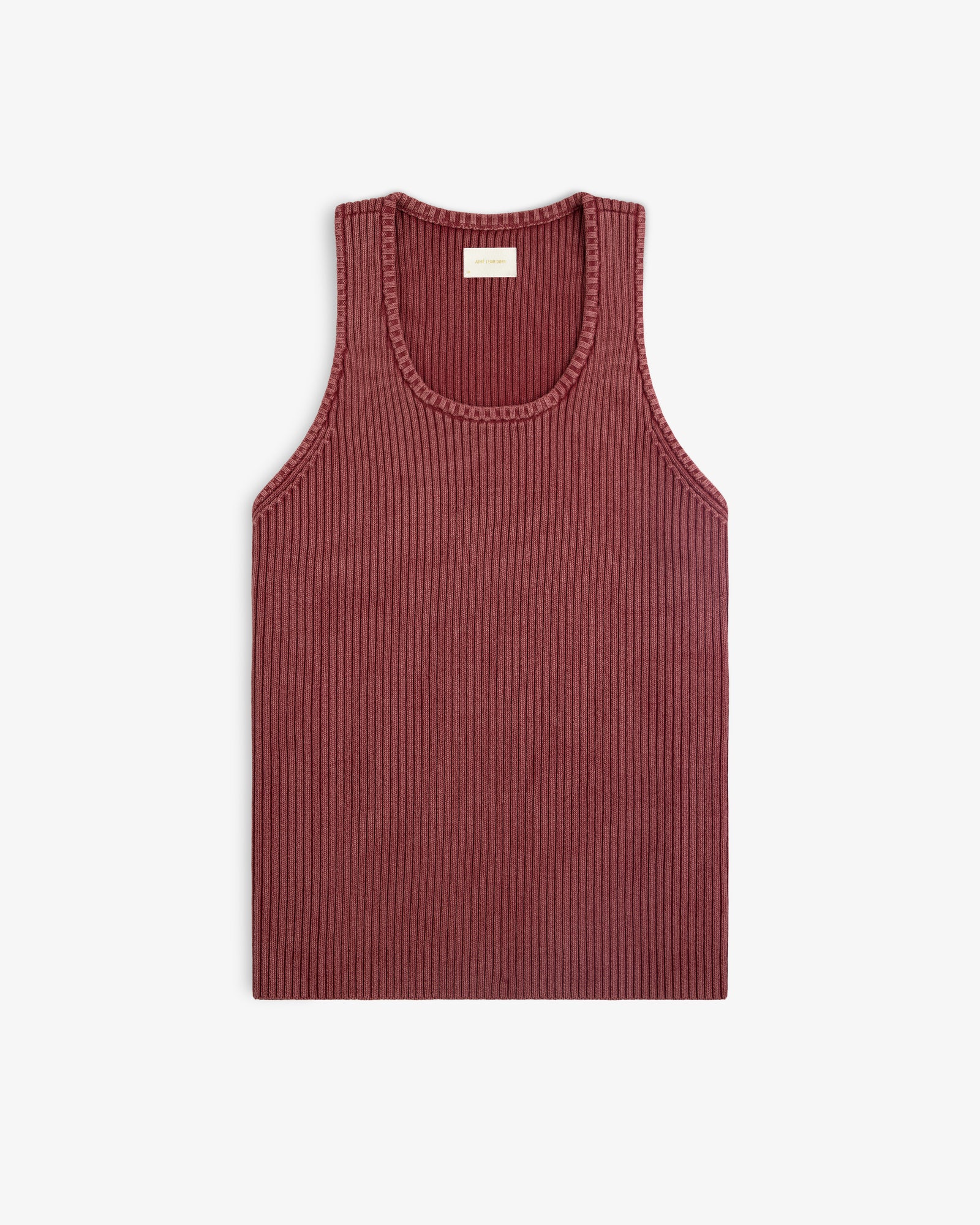 Stone Washed Knit Tank Top in ribbed maroon, sleeveless style, laid flat on a white background.