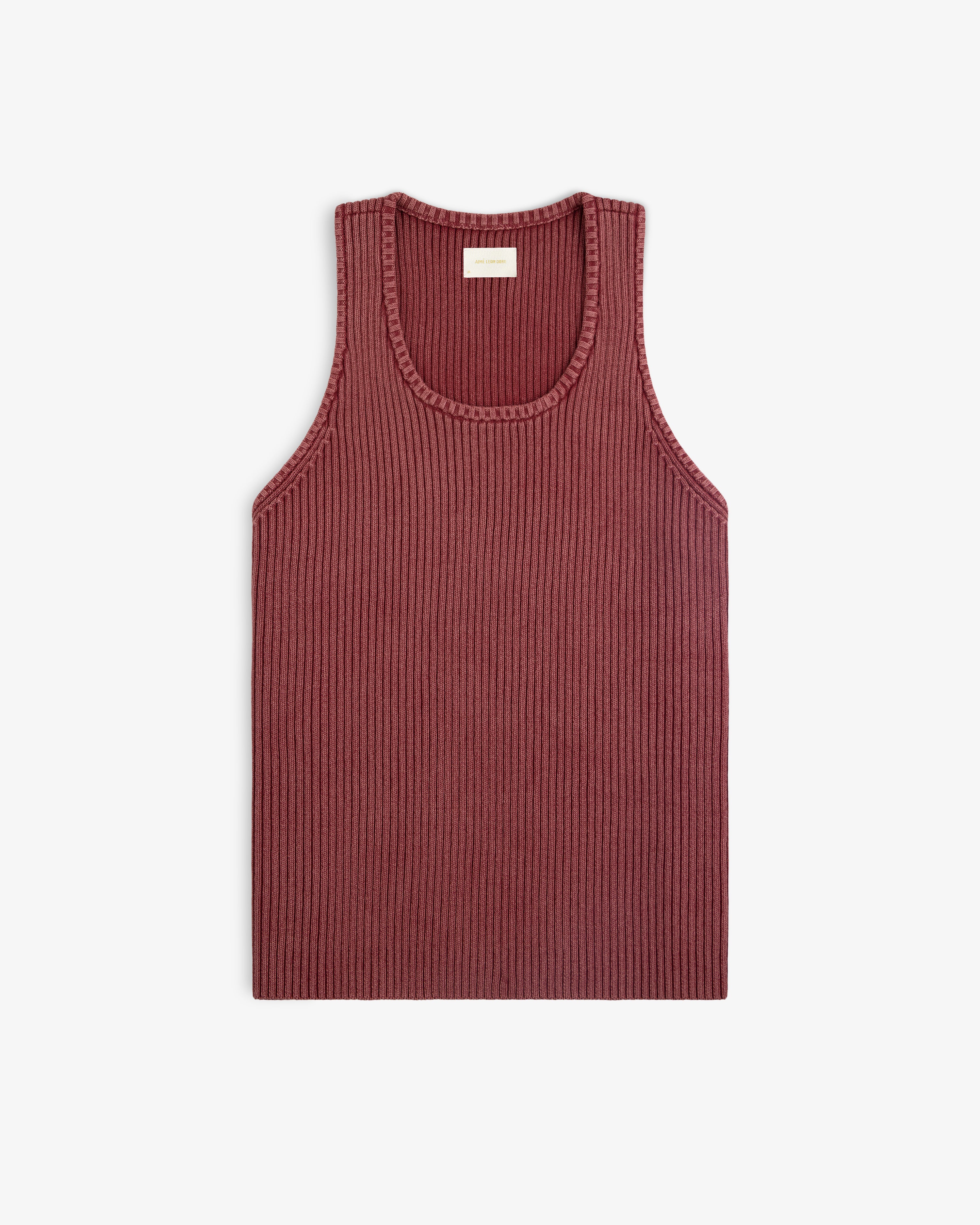 Stone Washed Knit Tank Top in ribbed maroon, sleeveless style, laid flat on a white background.