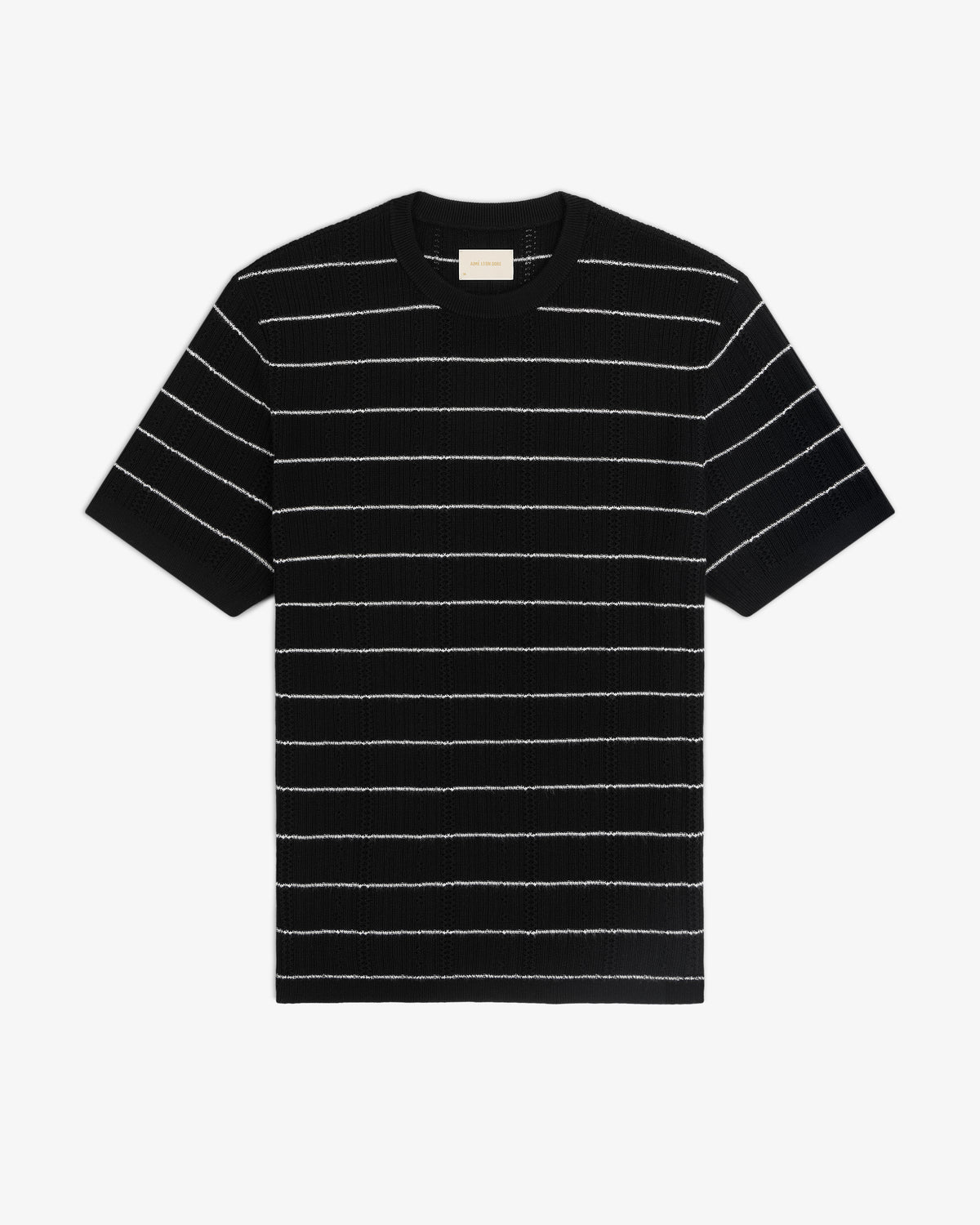 Merino Wool Eyelet Tee in black with thin white horizontal stripes, short sleeves, displayed flat on white background.