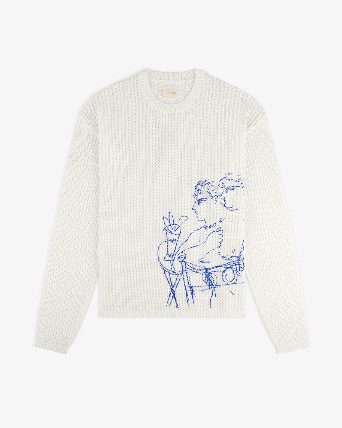 Fassianos "Rendez-Vous" crewneck sweater in white with blue line art of two figures and a plant on the front.