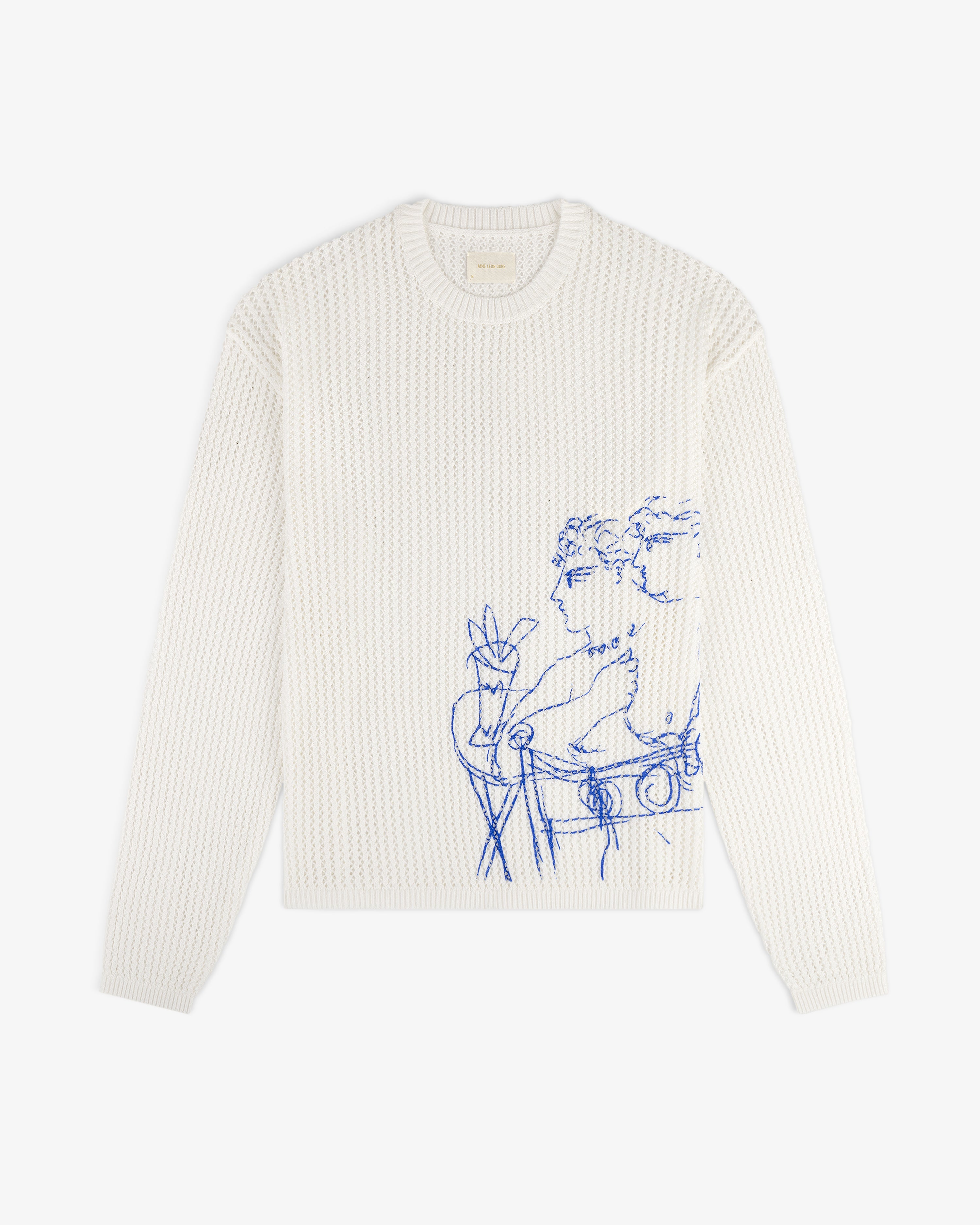 Fassianos "Rendez-Vous" crewneck sweater in white with blue line art of two figures and a plant on the front.