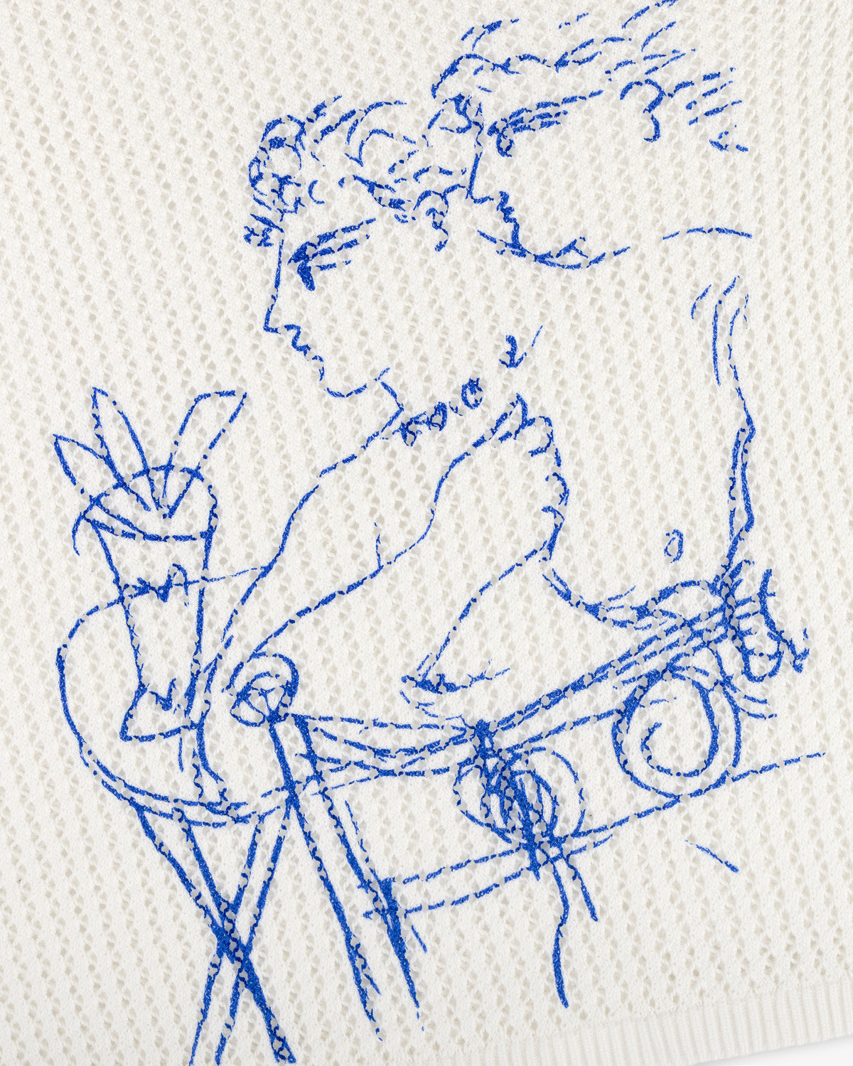 Blue line art of a figure with a vase on the Fassianos "Rendez - Vous" Crewneck Sweater’s textured white fabric.