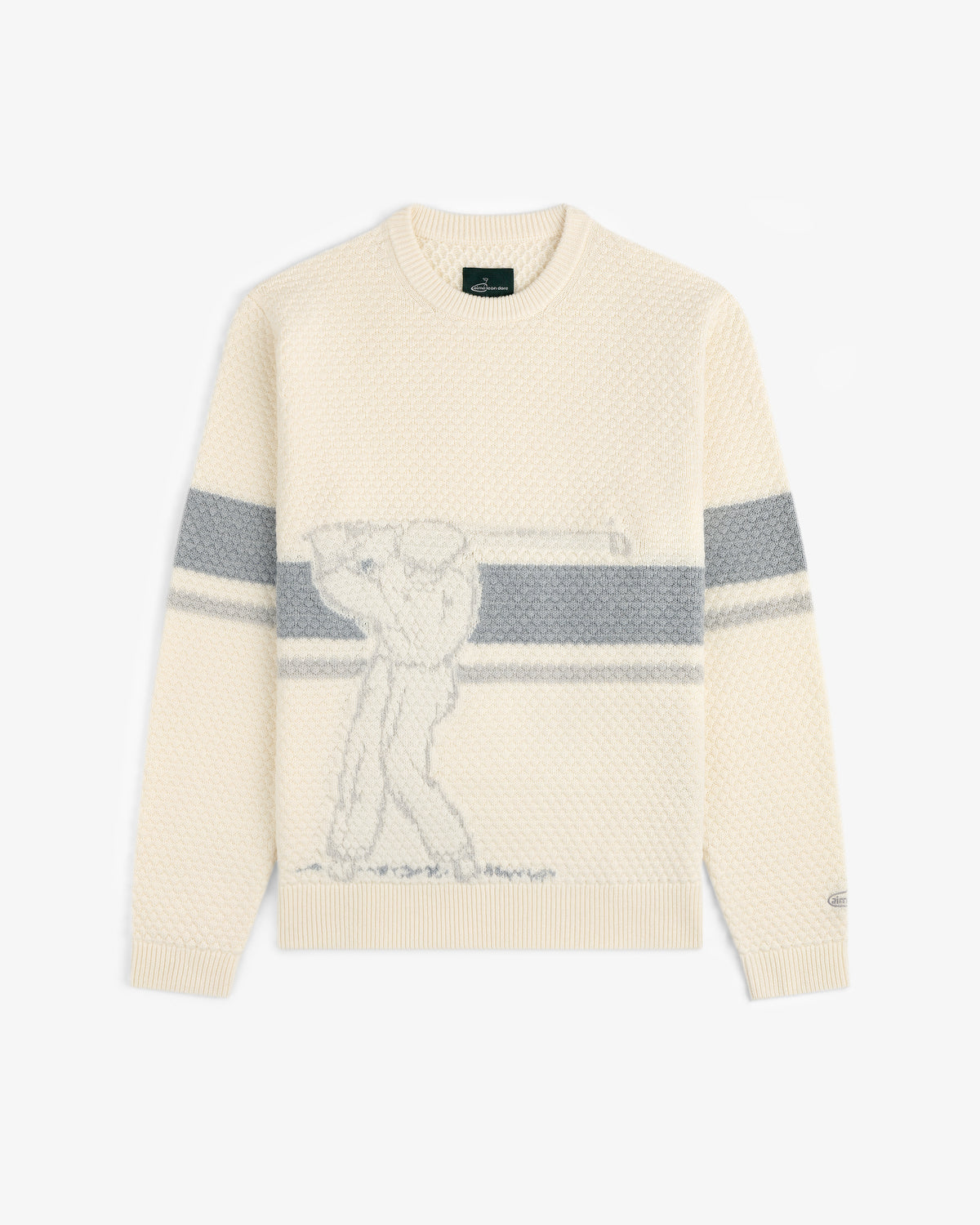 ALD Golf Clubhouse Sweater: Cream with grey sleeve stripes and a golfer swinging a club sketched on the front.