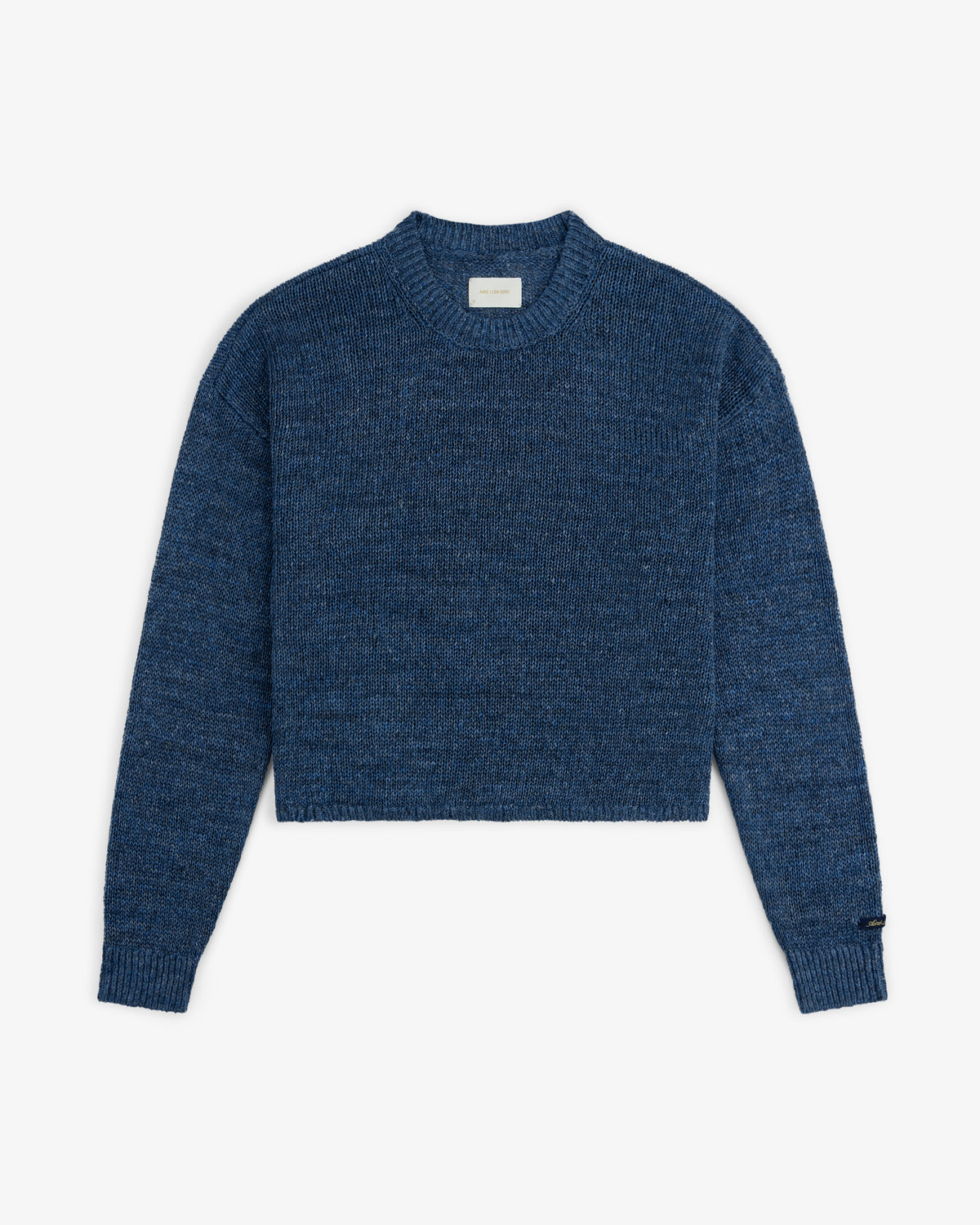 Linen Knit Crewneck Sweater with long sleeves, ribbed cuffs and hem, shown on a white background.