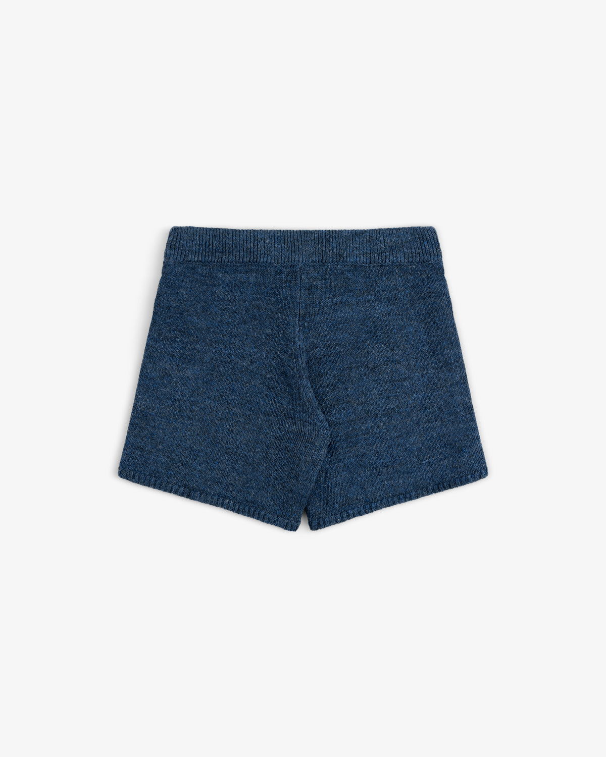 Linen Knit Drawstring Short in blue, back view, laid flat on a white background with an elastic waistband.