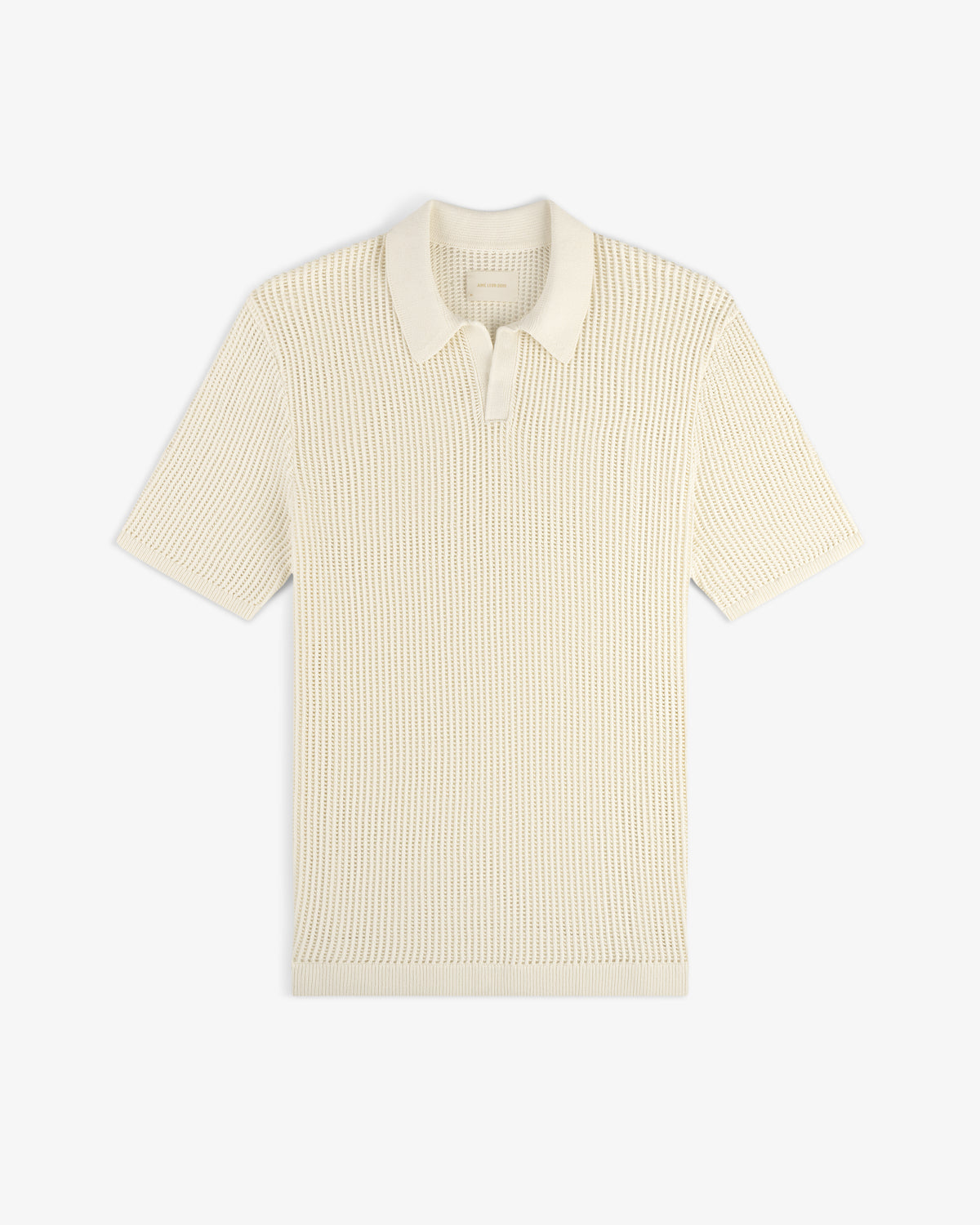 Cream-colored Mesh Knit Polo with short sleeves, textured pattern, and collar, laid flat on a white background.