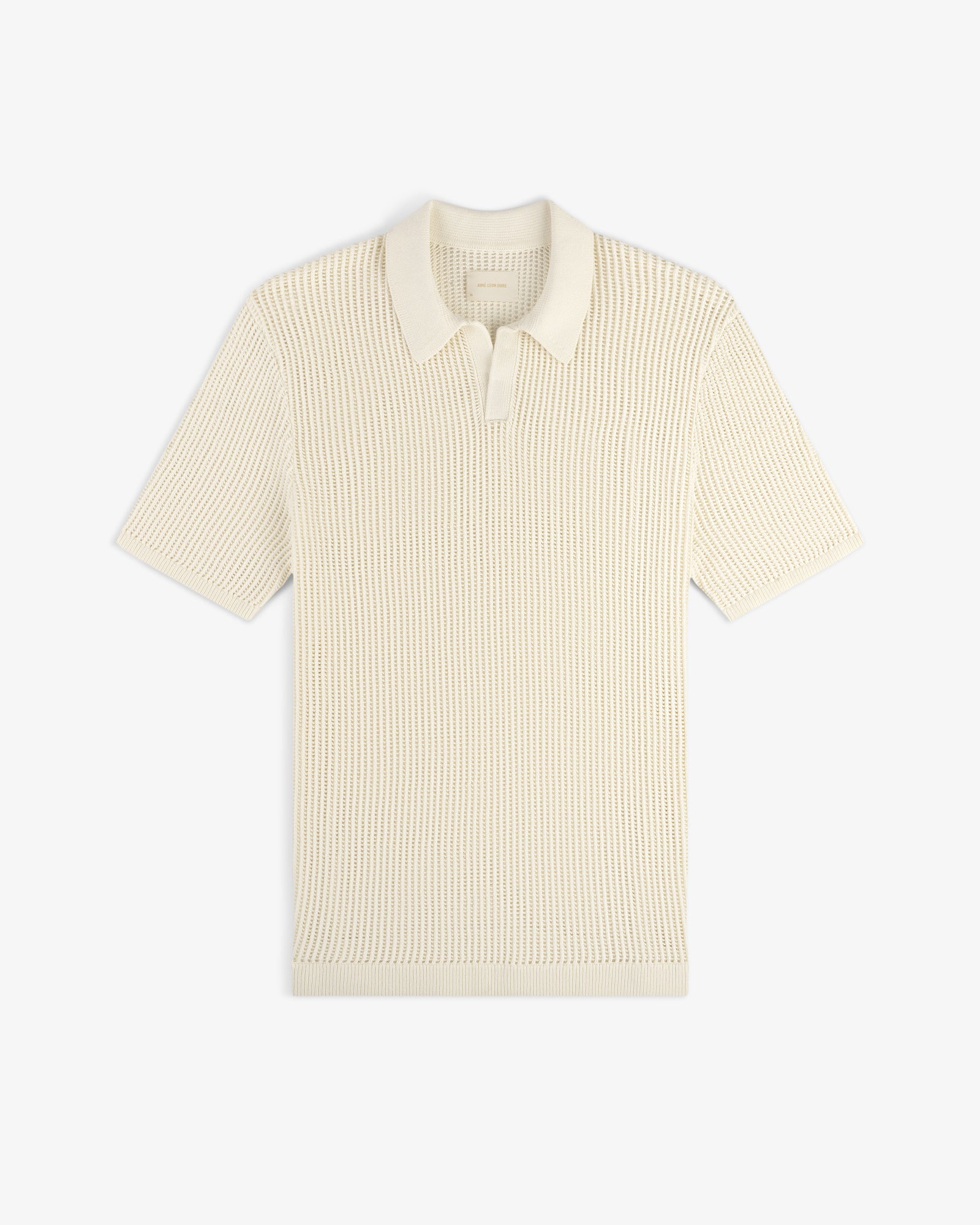 Cream-colored Mesh Knit Polo with short sleeves, textured pattern, and collar, laid flat on a white background.