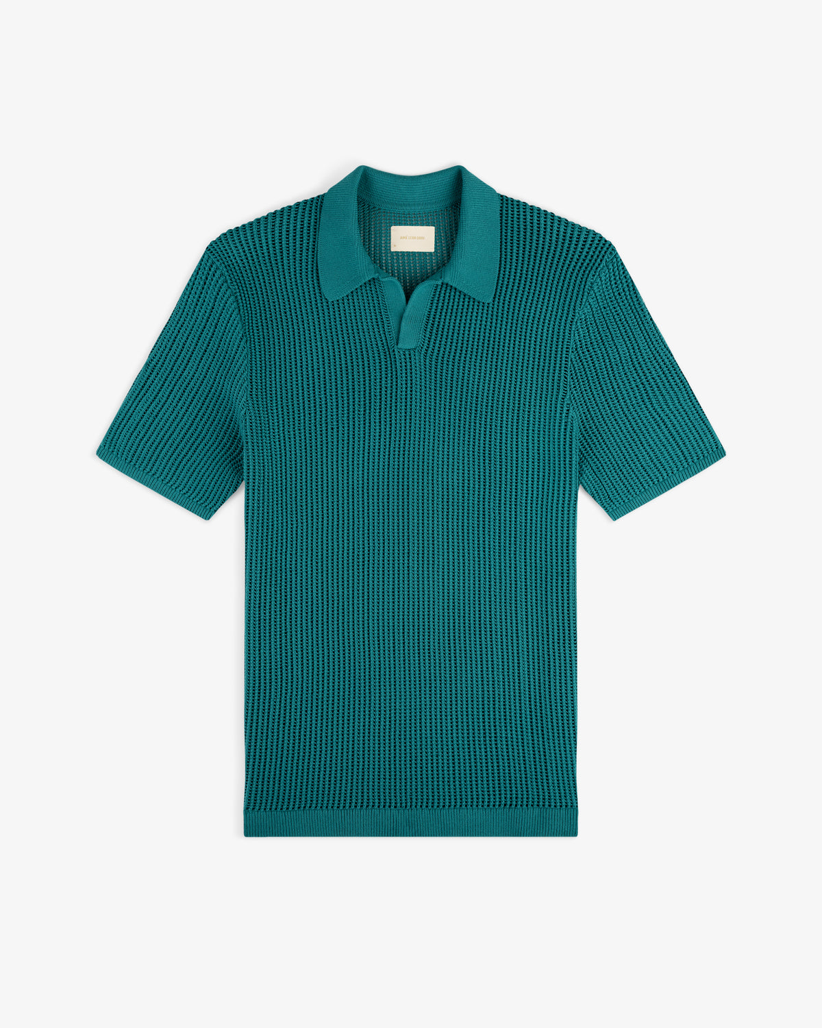 Mesh Knit Polo in teal with ribbed texture and spread collar, short sleeves, laid flat on white background.