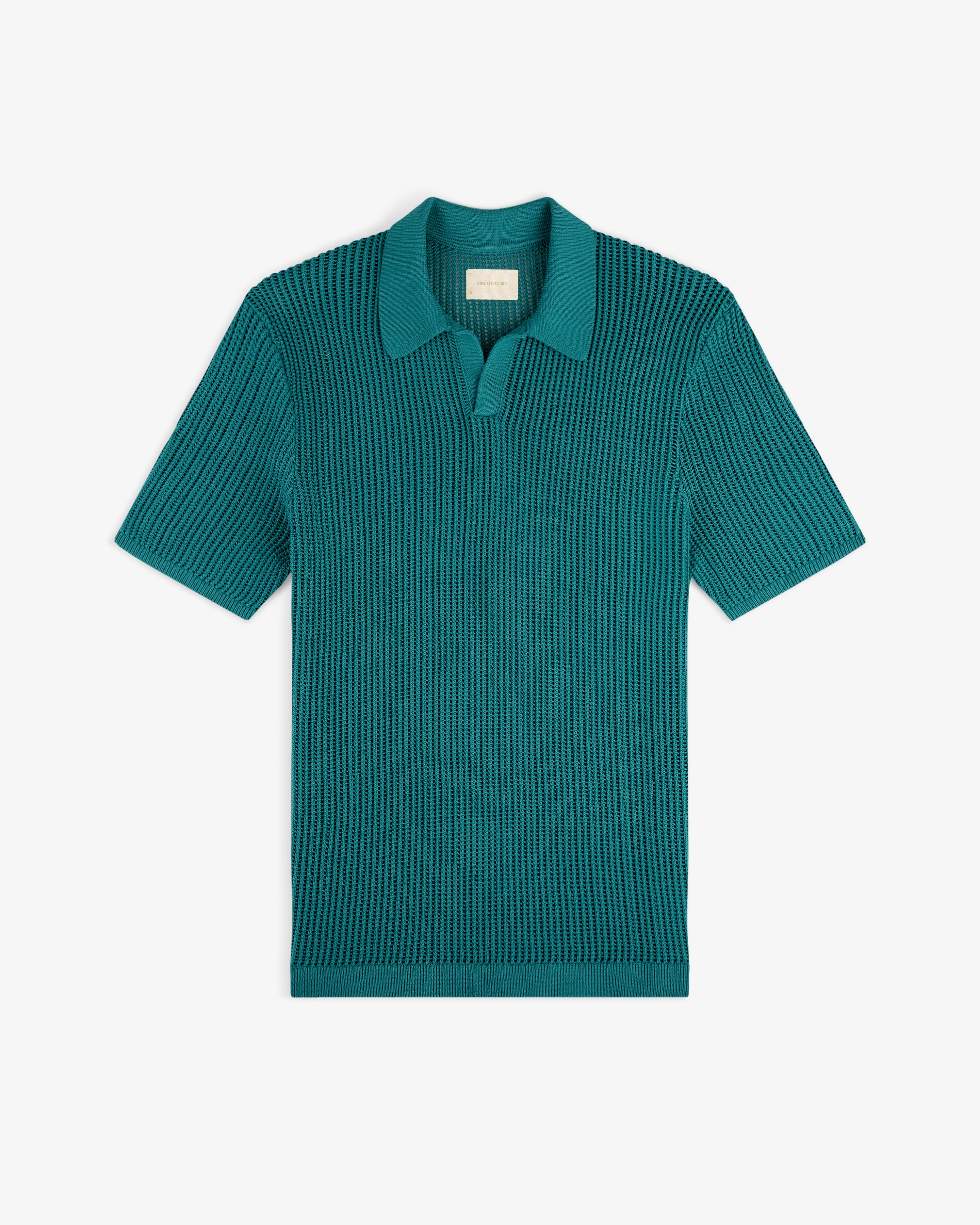 Mesh Knit Polo in teal with ribbed texture and spread collar, short sleeves, laid flat on white background.
