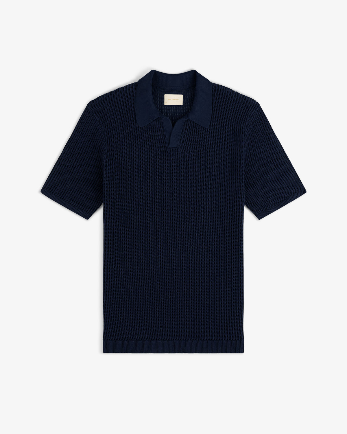 Mesh Knit Polo in navy blue with short sleeves, ribbed texture, and open collar, shown flat on a white background.