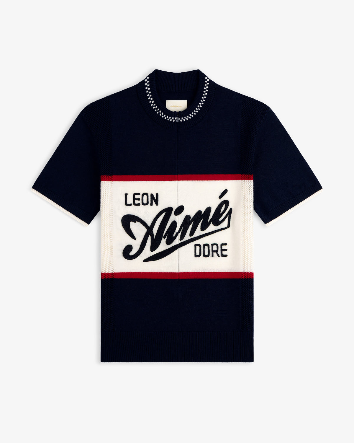 Merino Wool Cycling Jersey in navy with LEON AIMÉ DORE text on a white and red front panel.