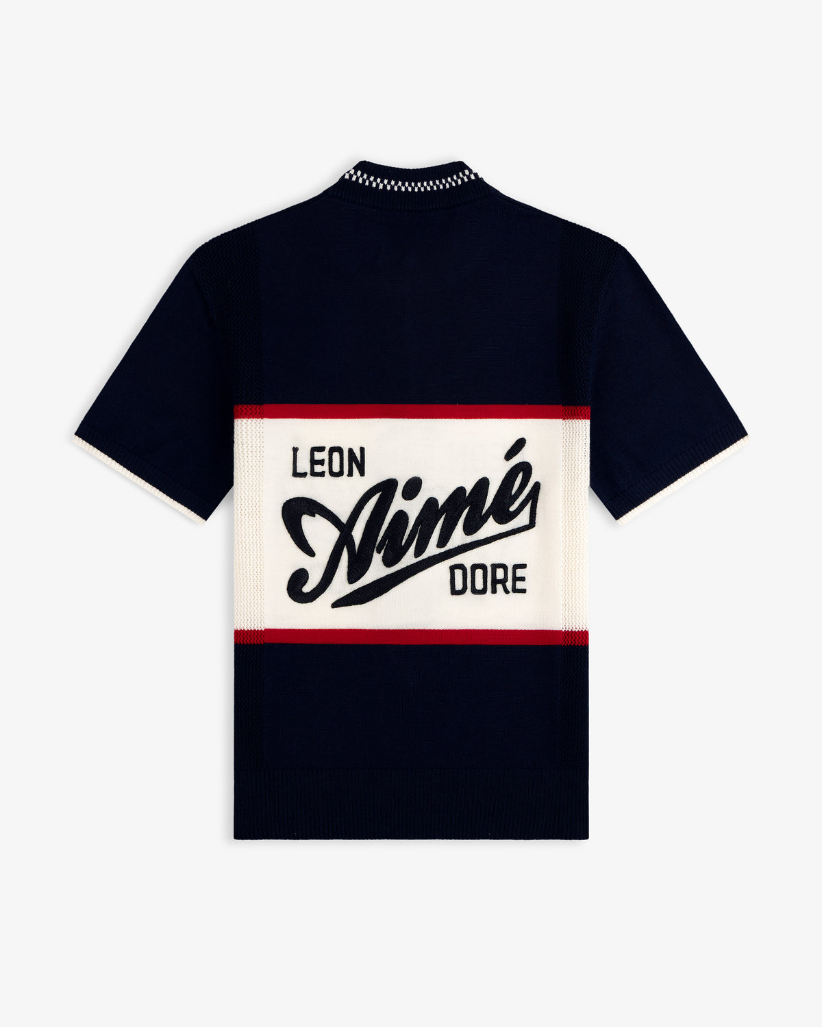 Navy Merino Wool Cycling Jersey with Leon Aimé Dore text on a white and red panel across the back.