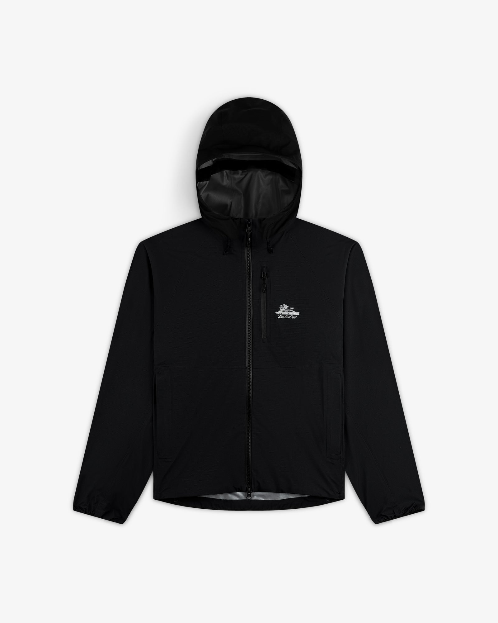 Lightweight GORE-TEX Shell Jacket: black, hooded, front zipper, side pockets, small white logo on left chest.