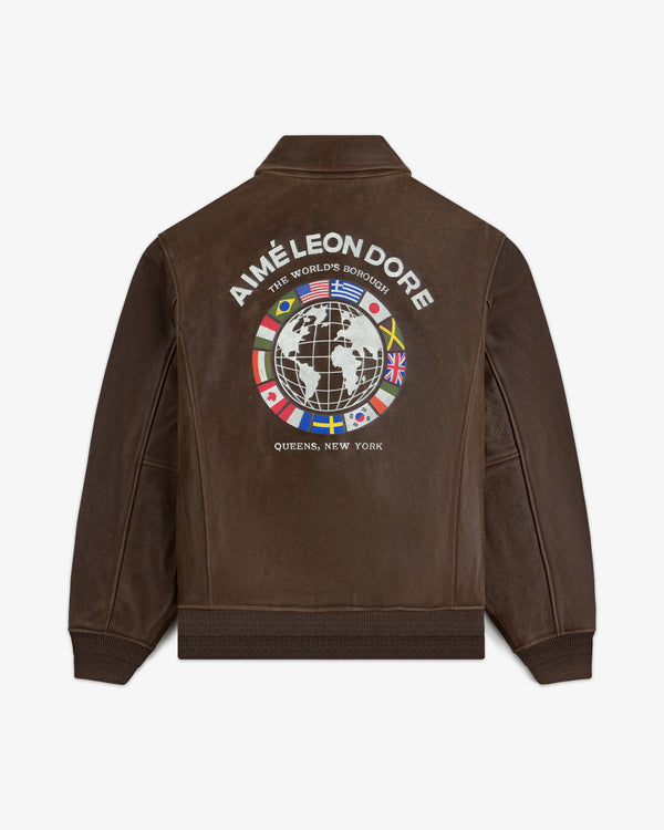 World's Borough Leather Flight Jacket with a globe, international flags, and AIMÉ LEON DORE text on the back.