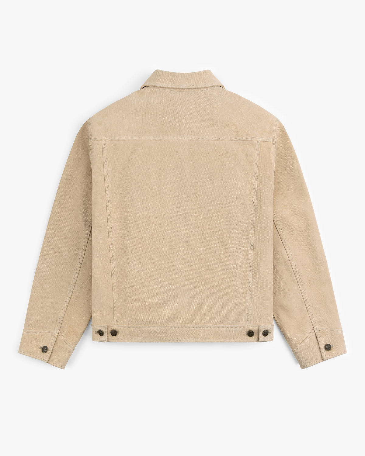 Back view of the Leather Ranch Jacket in beige suede with buttoned cuffs and adjustable waist tabs.