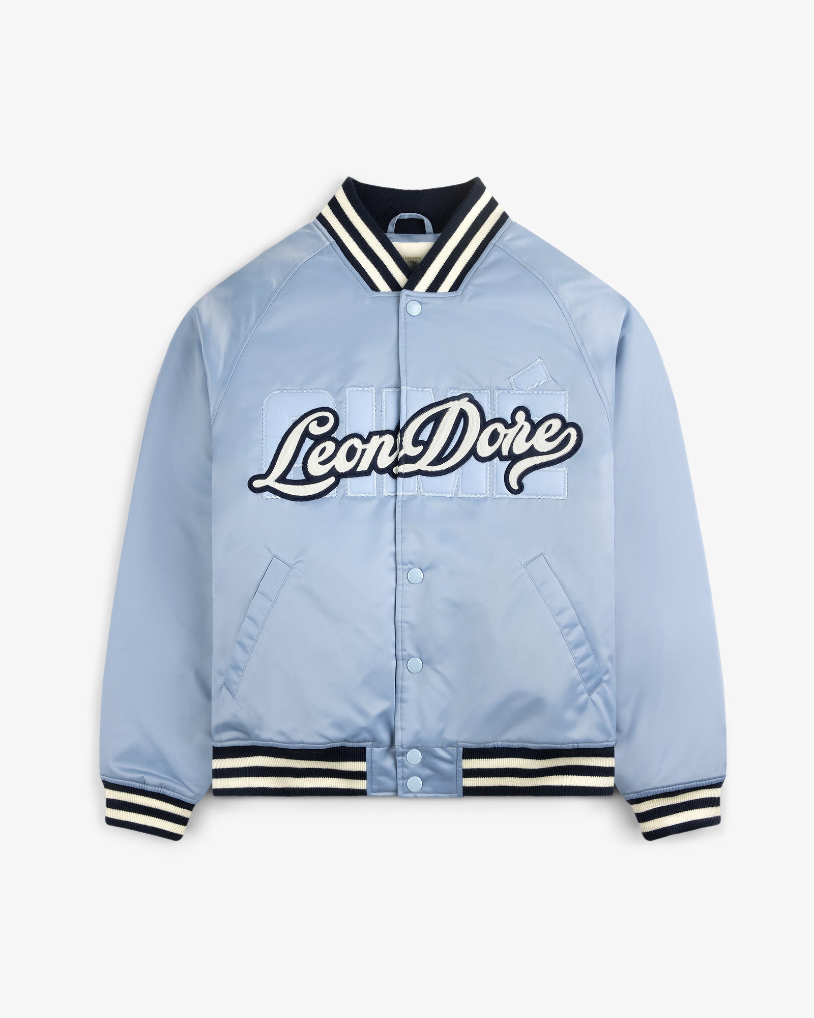 Overlay Logo Satin Varsity Jacket in light blue with striped black/white trim and button front.