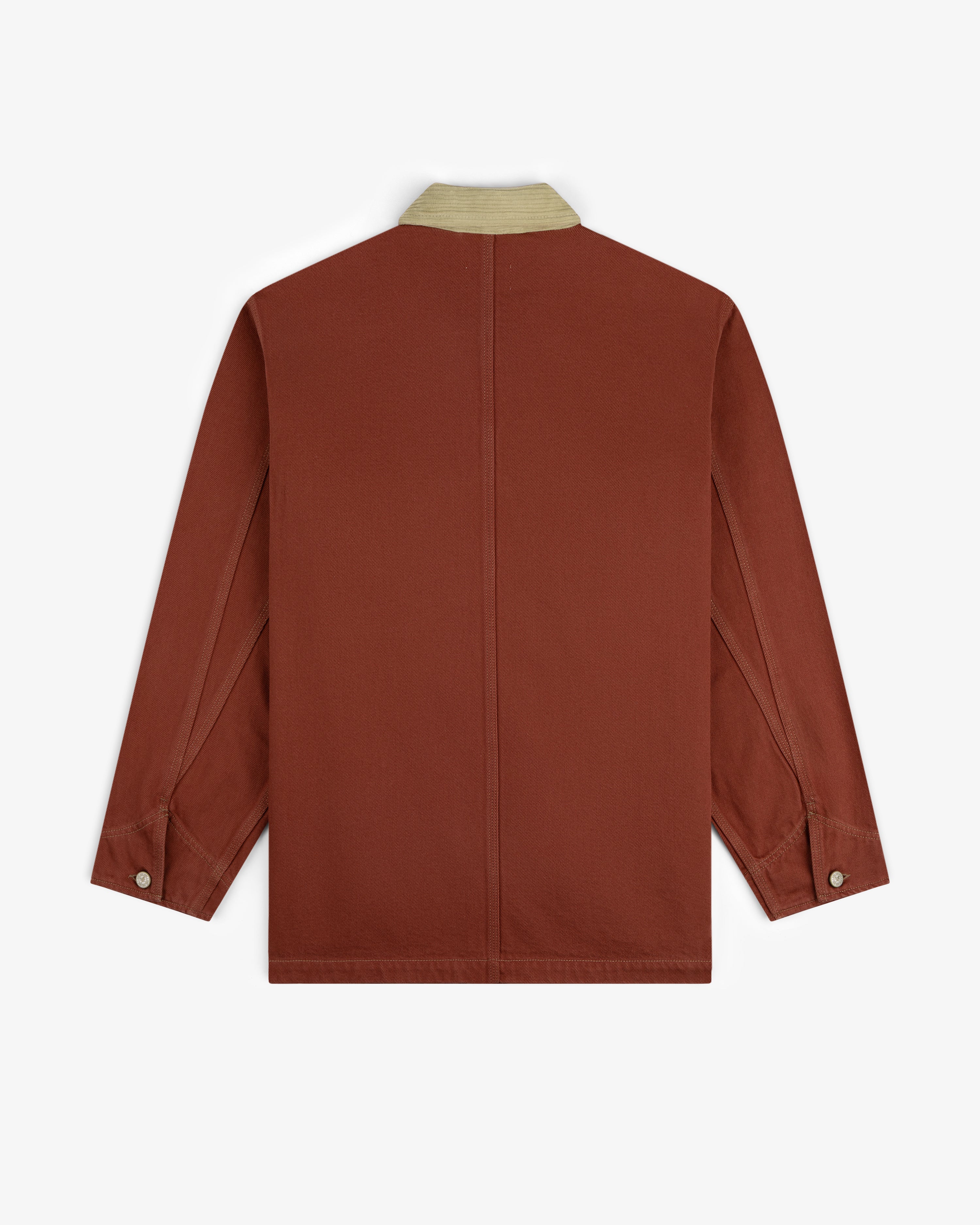 Back view of the Denim Barn Jacket in rust with a beige collar and buttoned cuffs, shown on a white background.