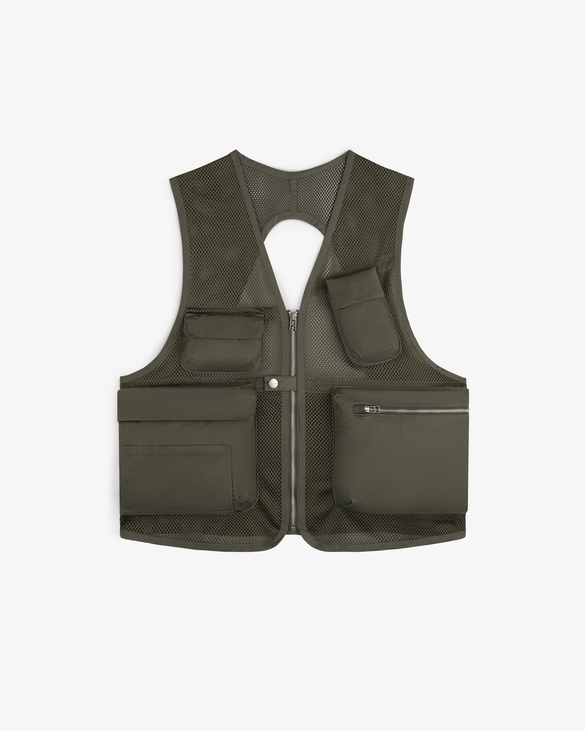 Nylon Utility Vest in olive green with front pockets, zipper closure, mesh details, and an upper back cutout.