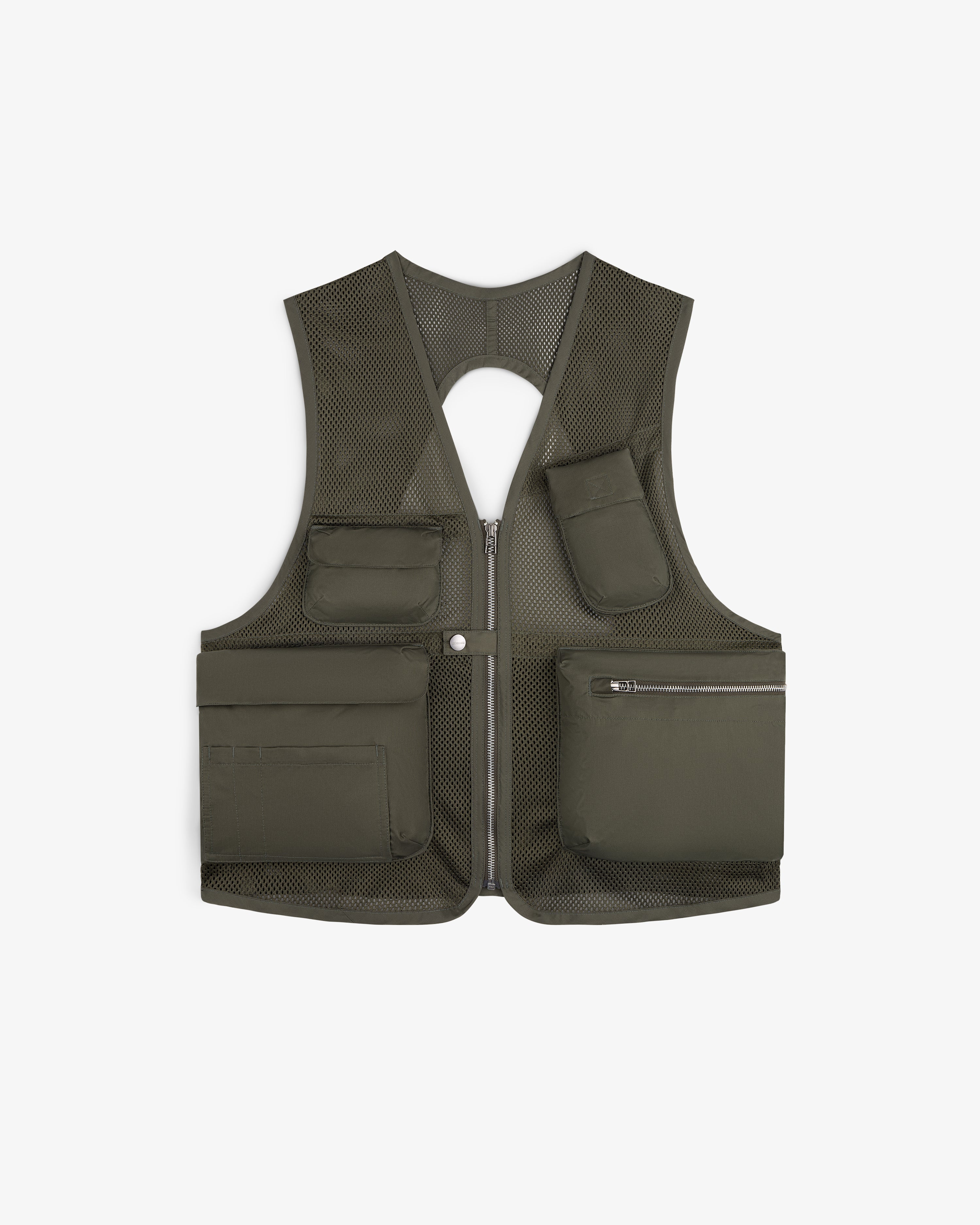 Nylon Utility Vest in olive green with front pockets, zipper closure, mesh details, and an upper back cutout.