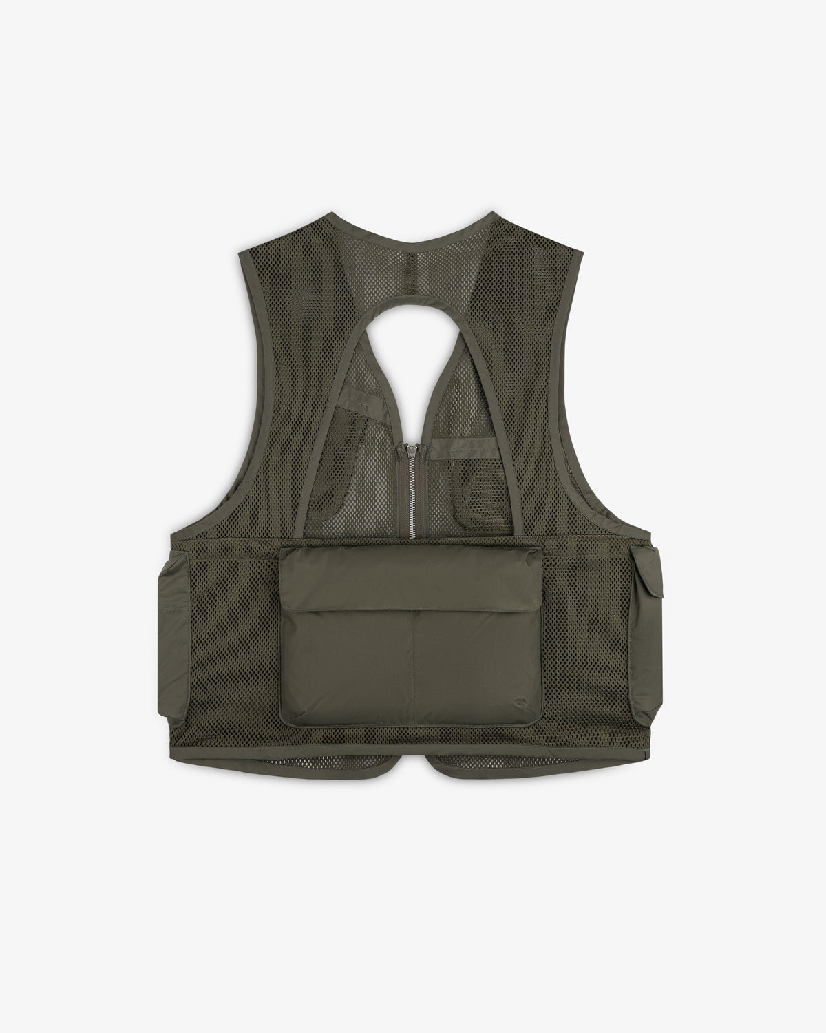 Nylon Utility Vest in olive green features mesh fabric, large back pocket, side pockets, and an open back.