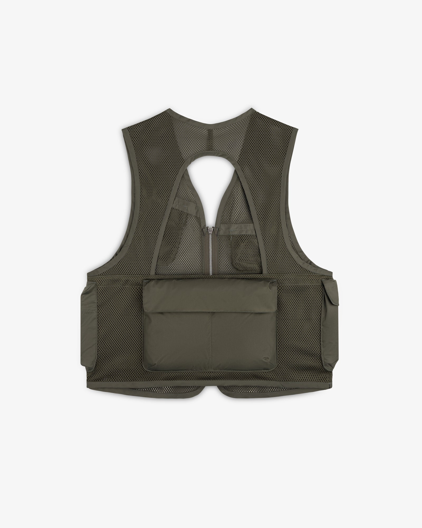 Nylon Utility Vest in olive green features mesh fabric, large back pocket, side pockets, and an open back.
