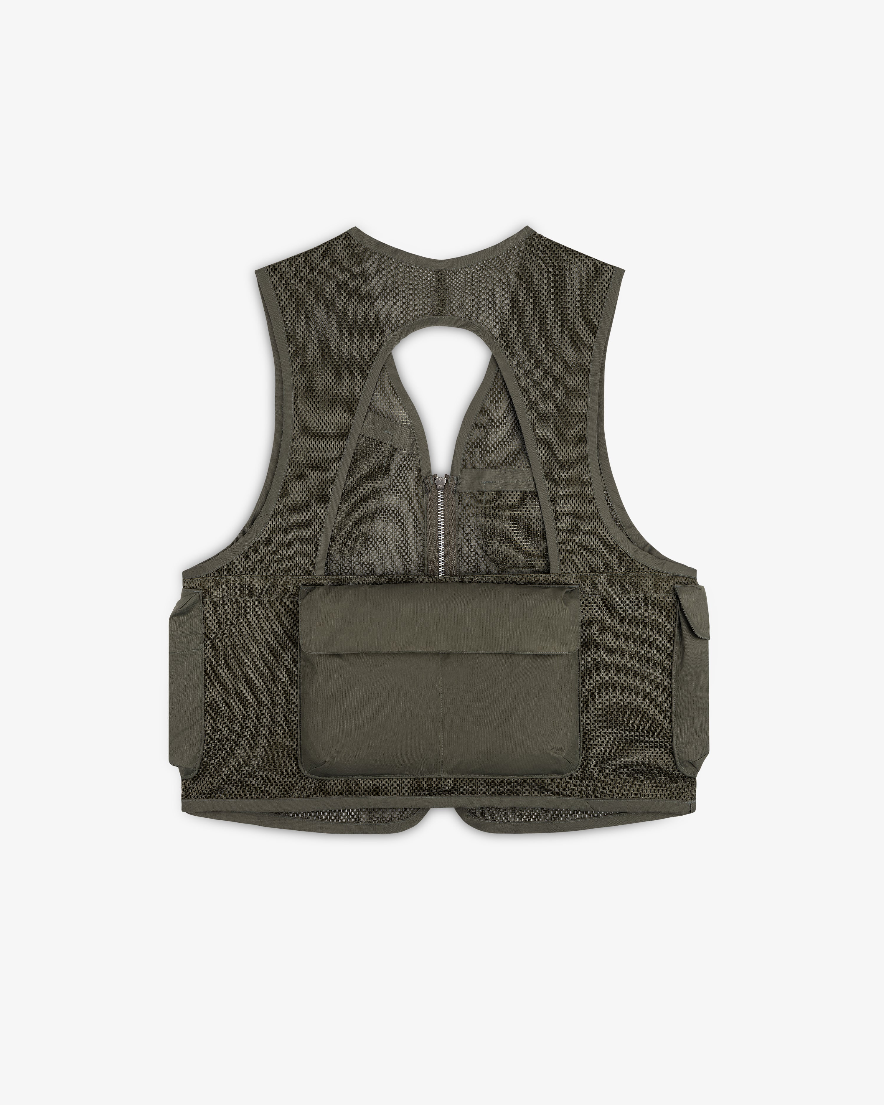 Nylon Utility Vest in olive green features mesh fabric, large back pocket, side pockets, and an open back.