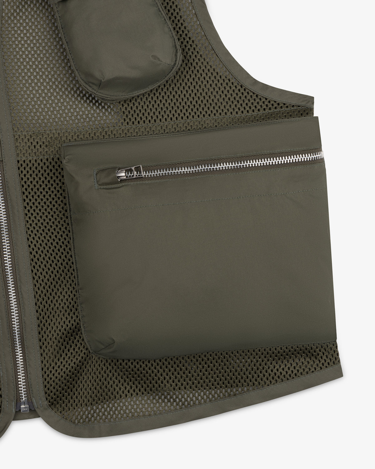 Close-up of a Nylon Utility Vest in olive green with mesh and a large side zippered pocket.